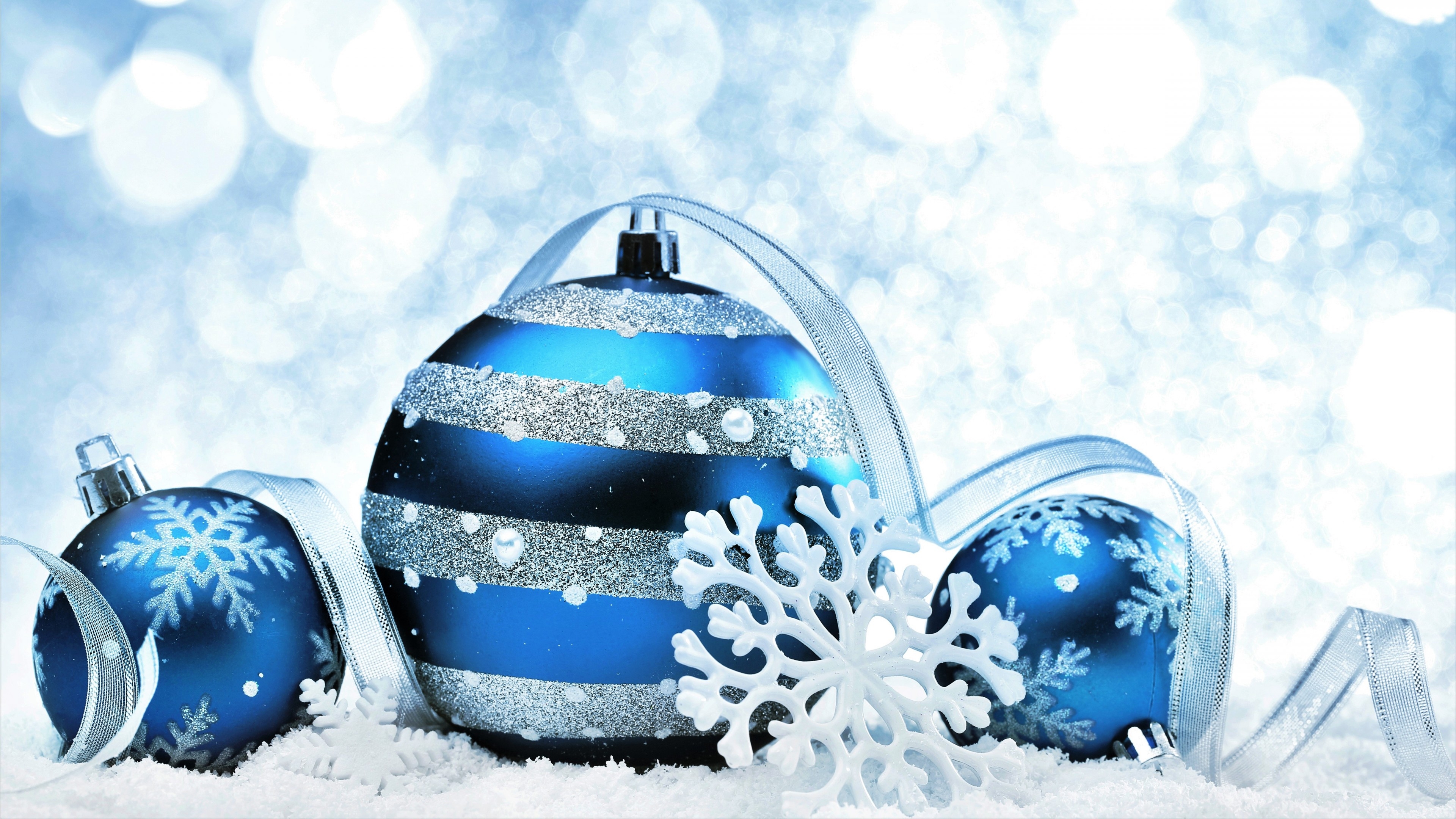 3840x2160 Blue Christmas Ornaments Ribbon Silver Snowflake 4K 5K HD Snowflake Wallpaper, Desktop