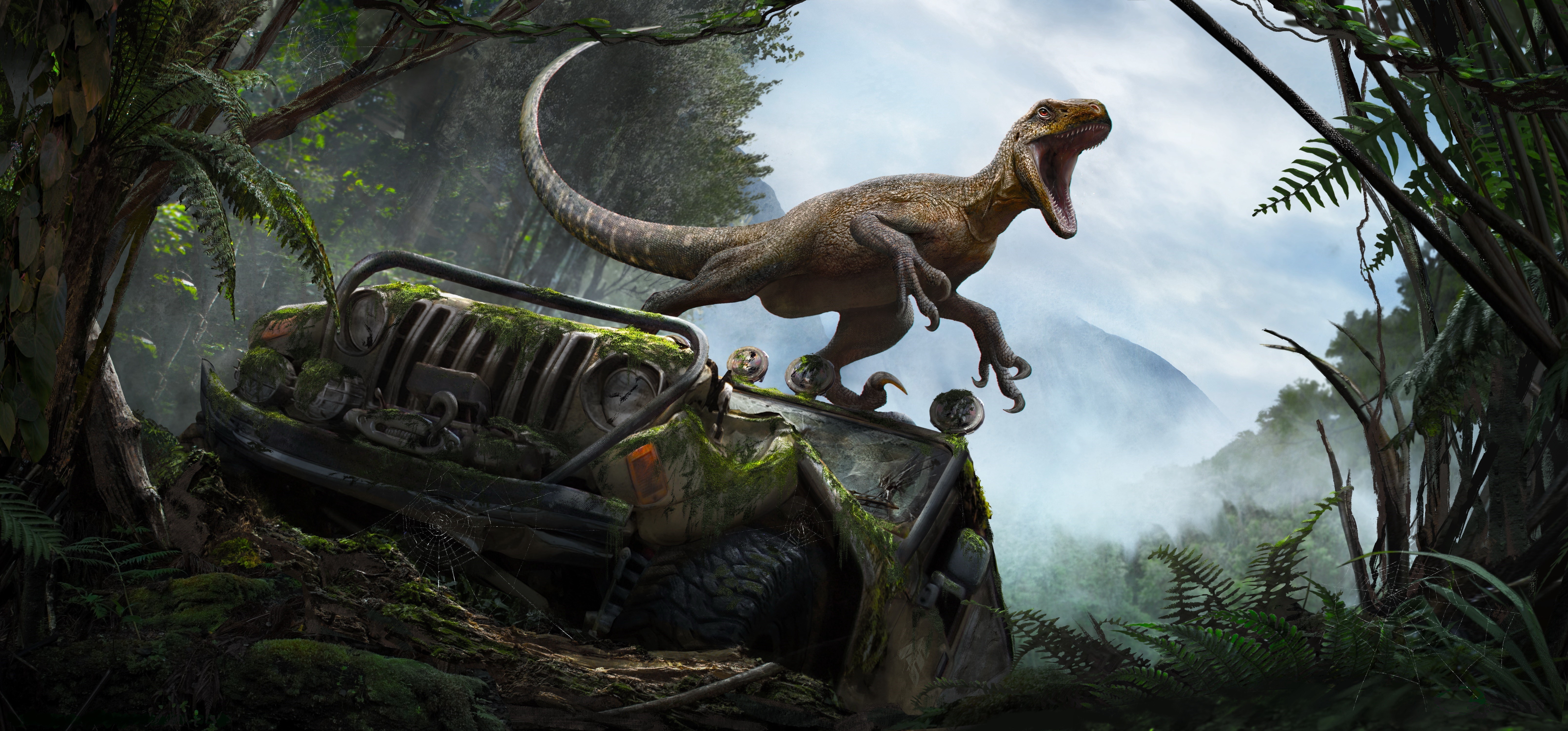 6440x3000 dinosaurs, Jurassic World, children, artwork, fantasy art Gallery HD Wallpaper, Dual Screen