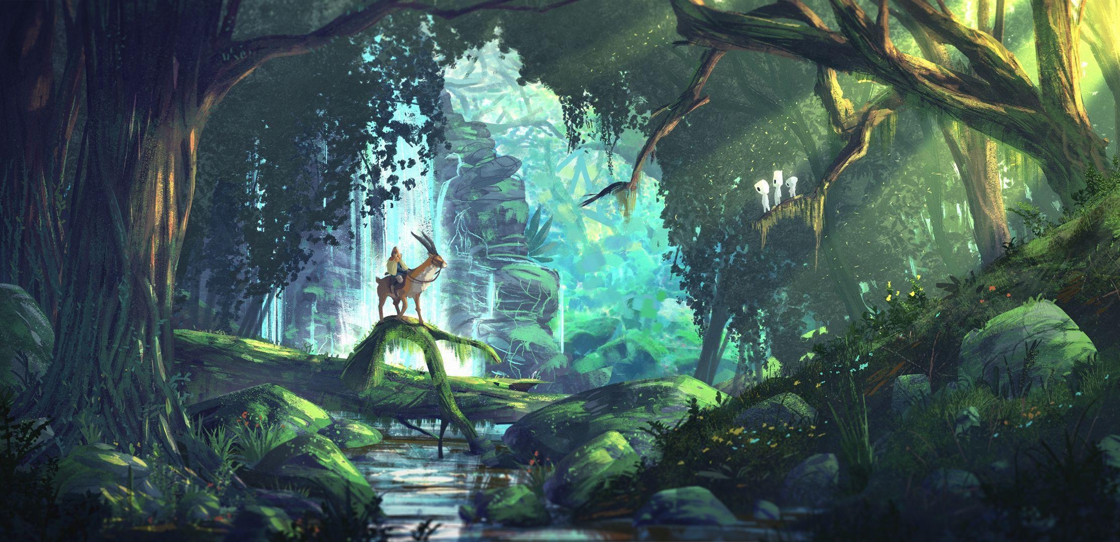 2230x1080 Ashitaka in the Spirit Forest Mononoke, Dual Screen