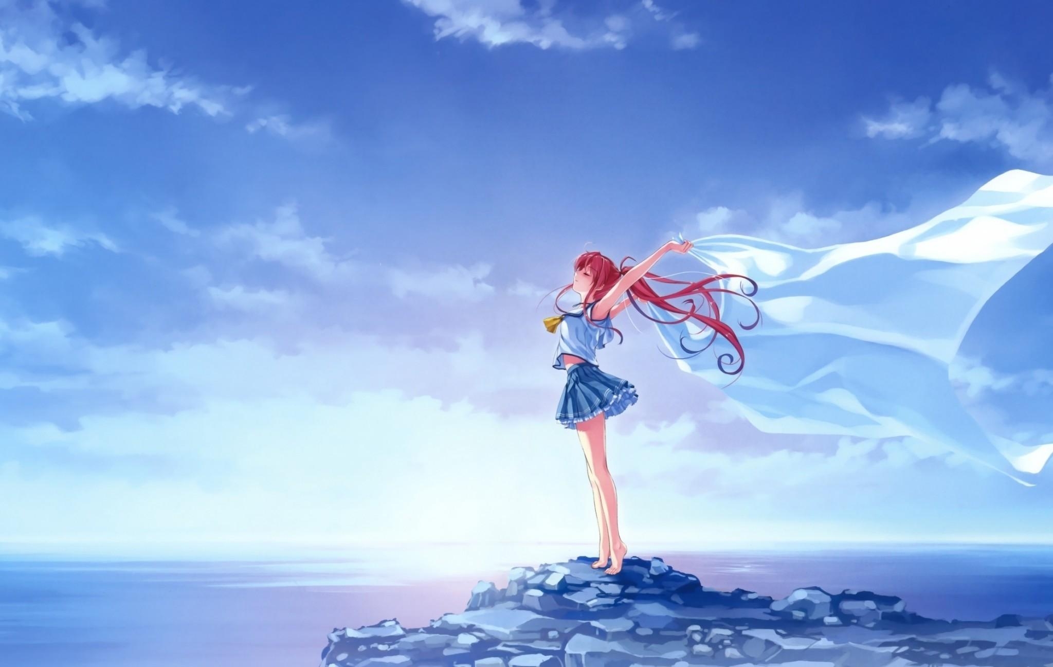 2050x1300 Download  Anime Girl, Ocean, Clouds, Freedom Wallpaper, Desktop