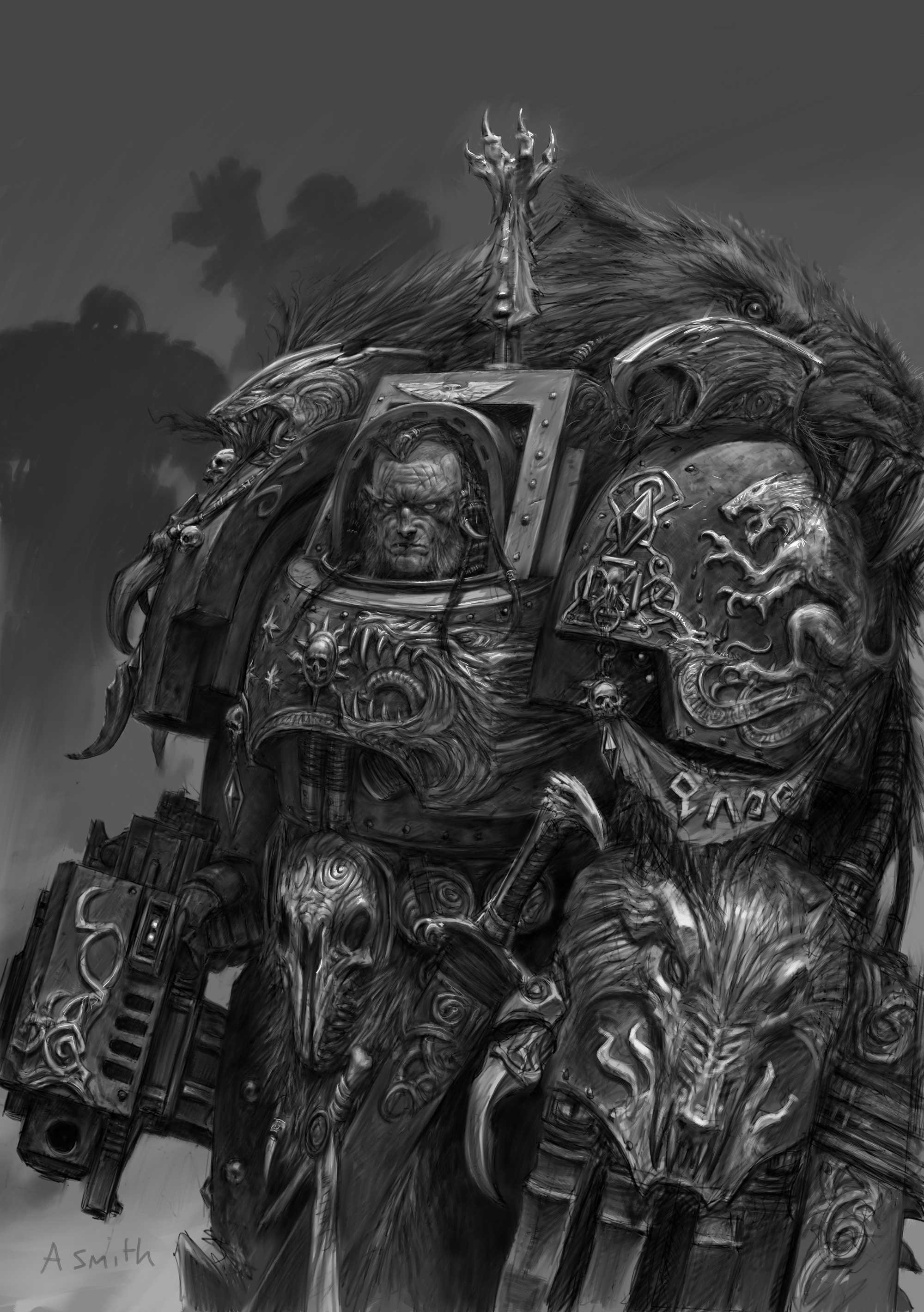 2000x2840 warhammer 40k space marine grayscale monochrome concept art adrian smith space wolf  wal, Phone