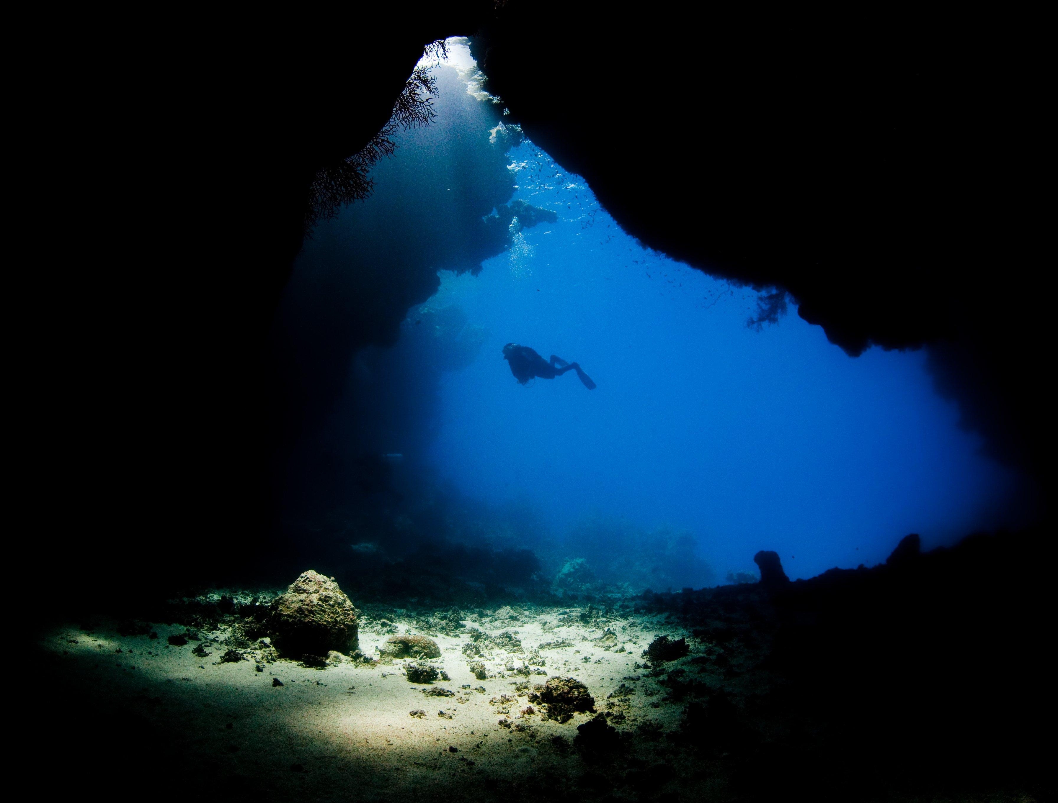 3590x2730 Scuba diving diver ocean sea underwater cave wallpaperx2722, Desktop