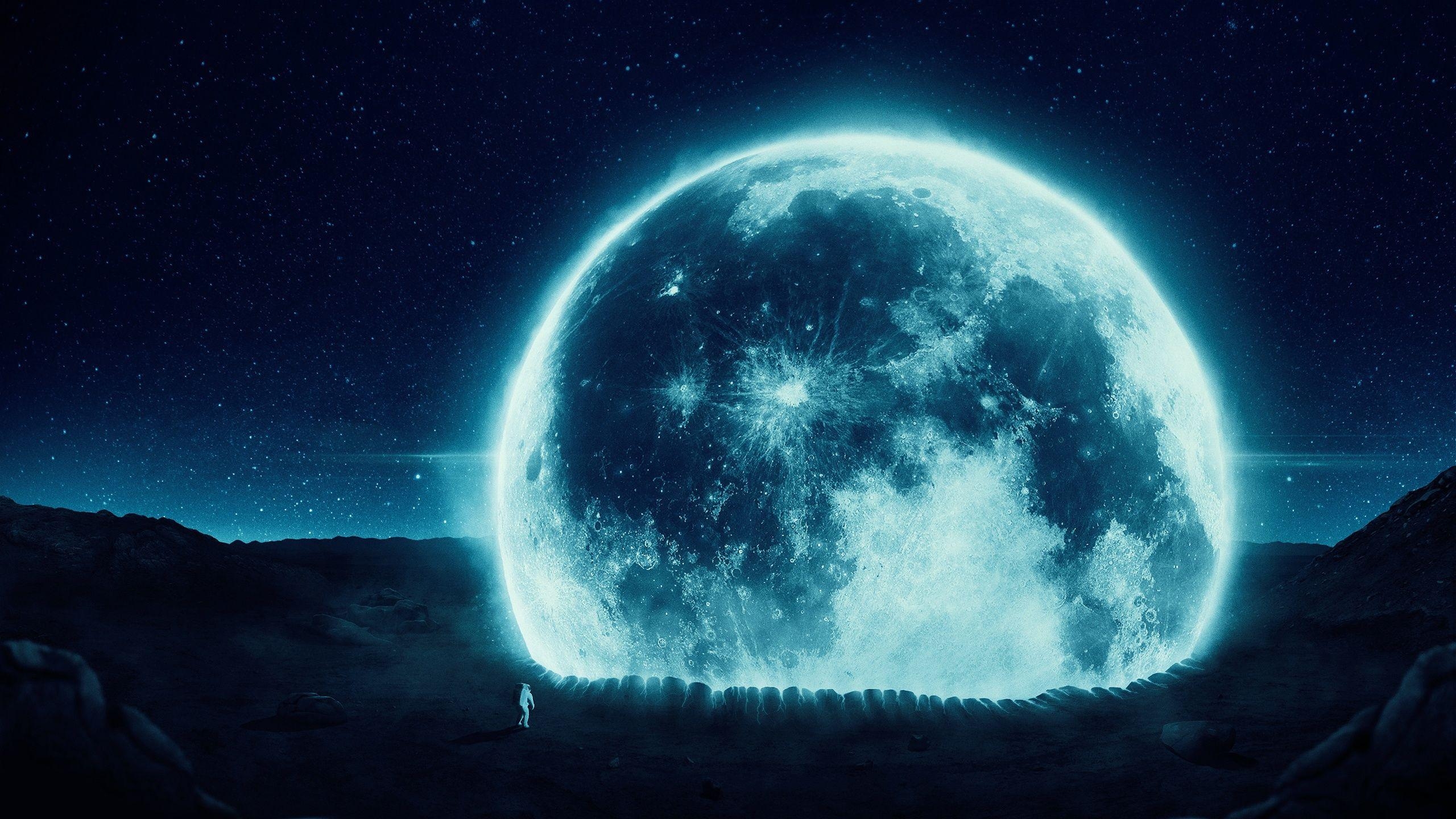 2560x1440 Full Moon And Astronaut Wallpaper, Desktop