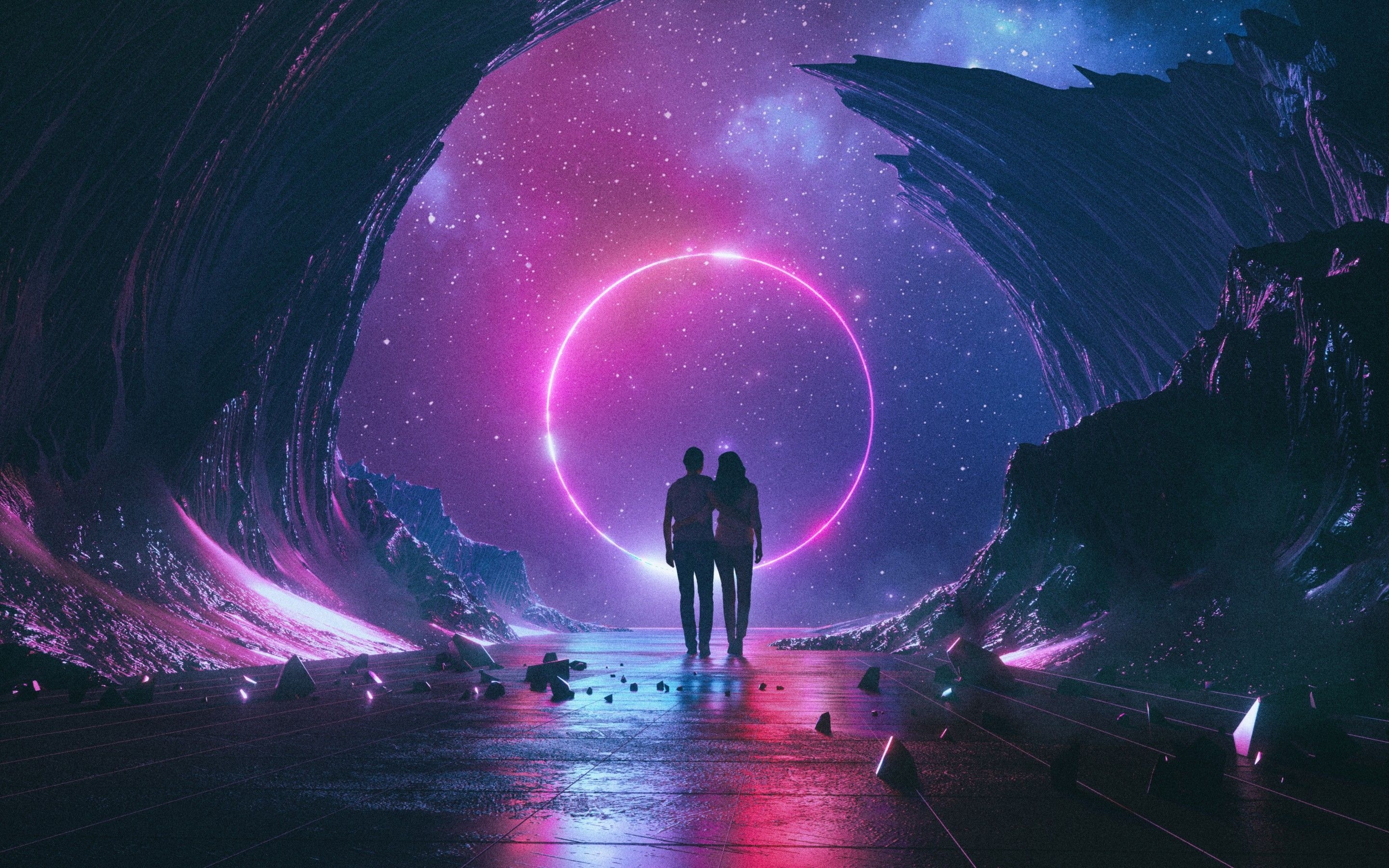 2880x1800 Couple 4K Wallpaper, Dream, Neon, Starry sky, Rocks, Silhouette, Colorful, Aesthetic, Love, Desktop