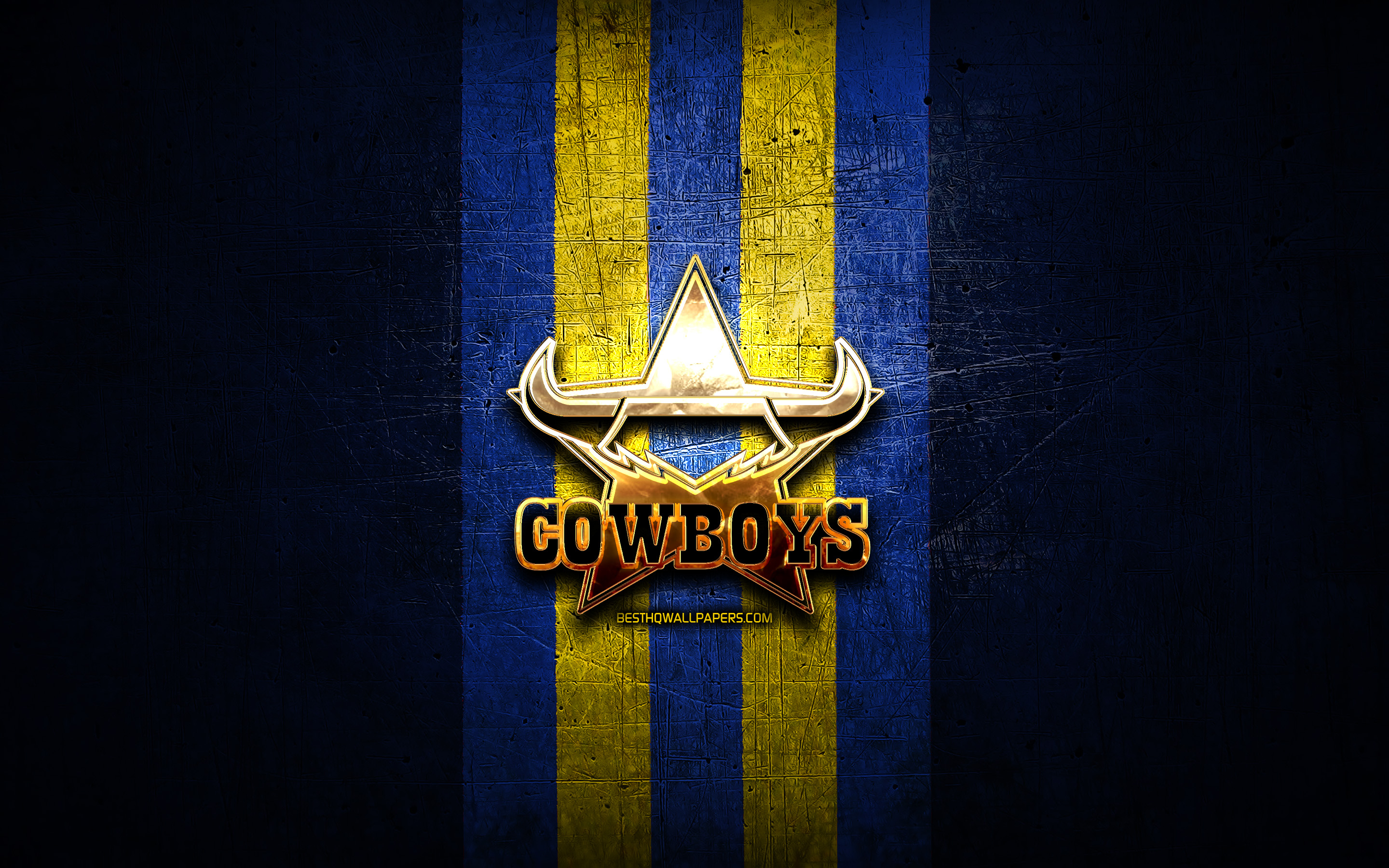 2880x1800 Download wallpaper North Queensland Cowboys, golden logo, National Rugby League, blue metal background, australian rugby club, North Queensland Cowboys logo, NQ Cowboys logo, rugby, NRL, NQ Cowboys for desktop with resolution, Desktop