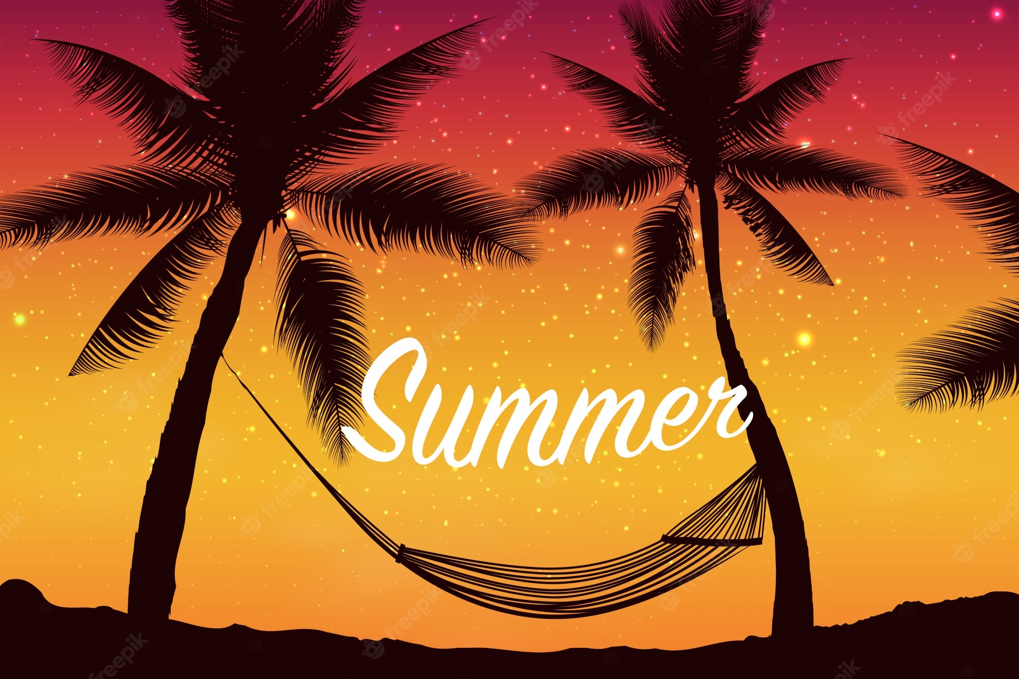 2000x1340 Premium Vector. Hello summer. tropical summer background with with palms, sky and sunset. summer placard poster flyer invitation card. summer time. colorful illustration for banners, wallpaper, flyers, Desktop