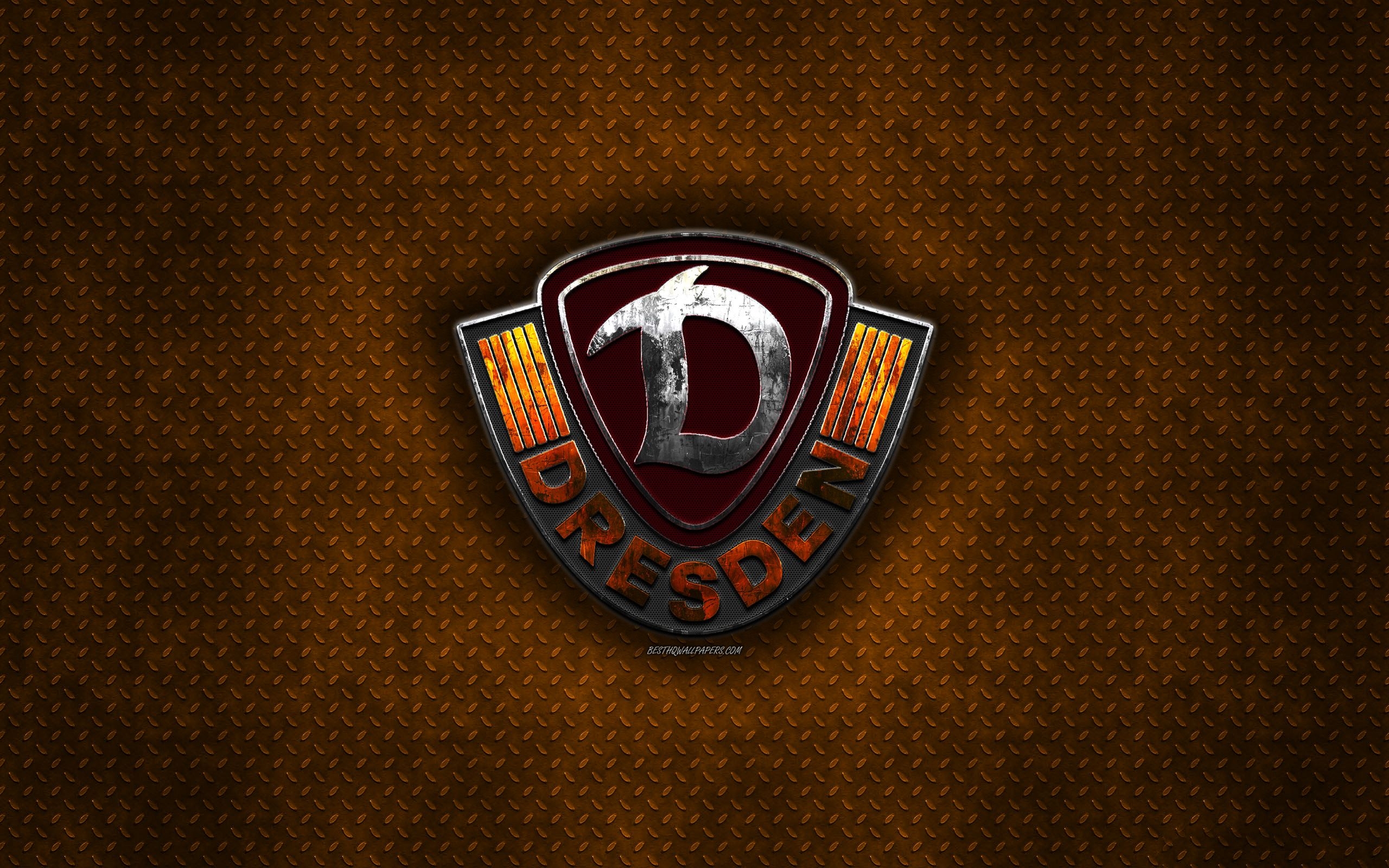 2560x1600 Download wallpaper Dynamo Dresden FC, orange metal background, Bundesliga german football club, metal logo, football, soccer, SG Dynamo Dresden, Germany, Dynamo Dresden logo for desktop with resolution. High Quality HD, Desktop