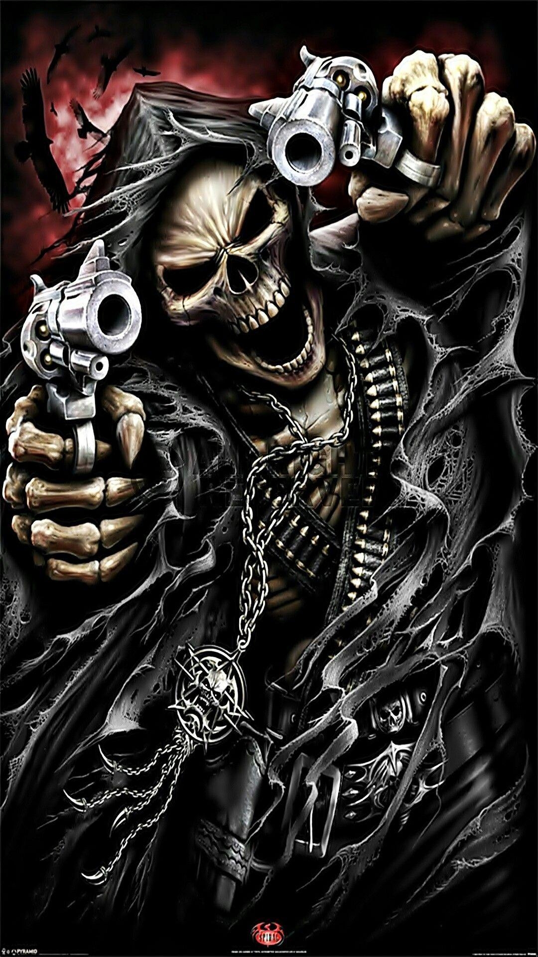 1080x1920 Skeleton with Guns Wallpaper. *Skeleton, Clowns, Guns, Animals, Phone