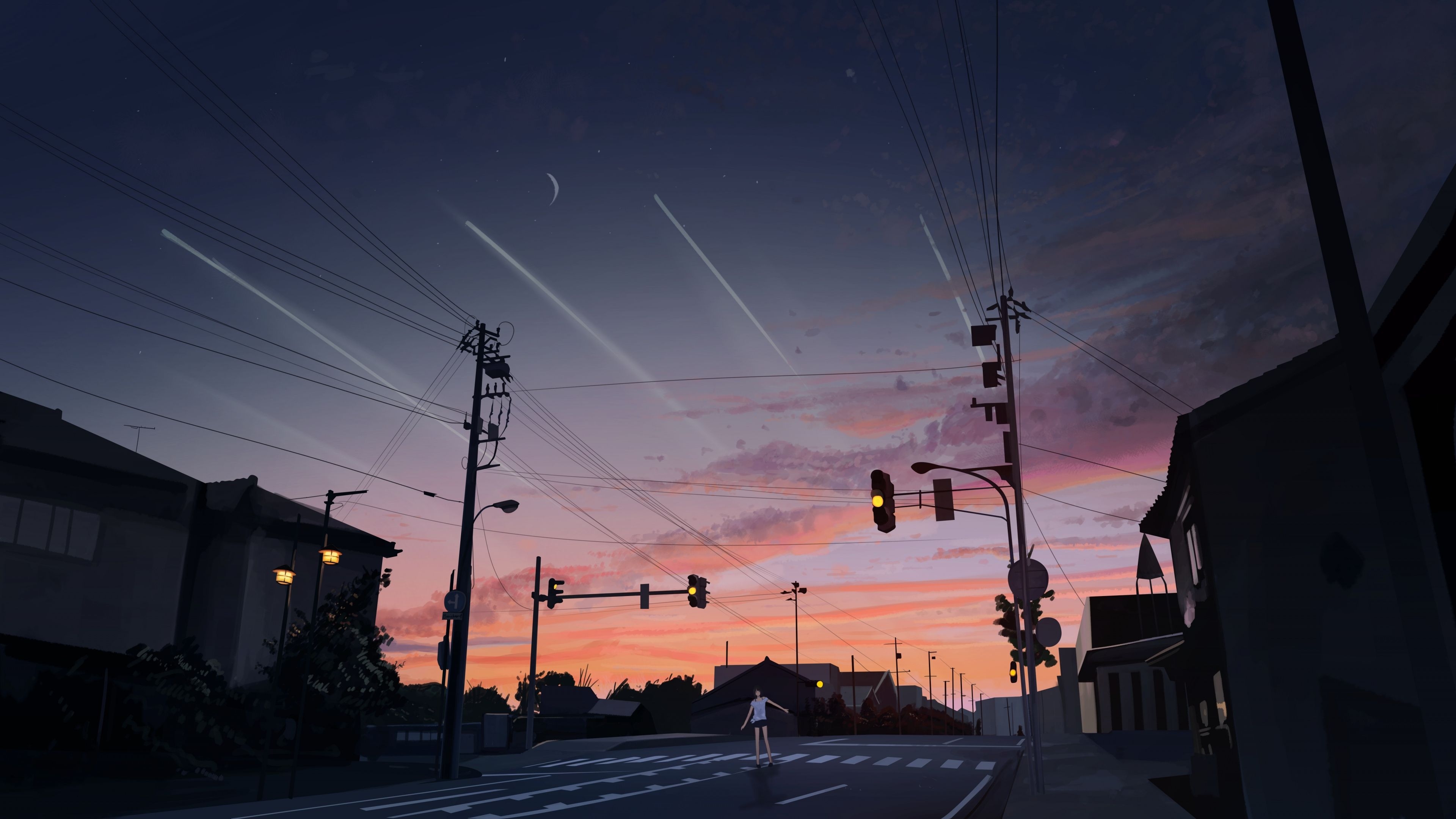 3840x2160 Download  wallpaper sunset, street, original, anime girl, Desktop