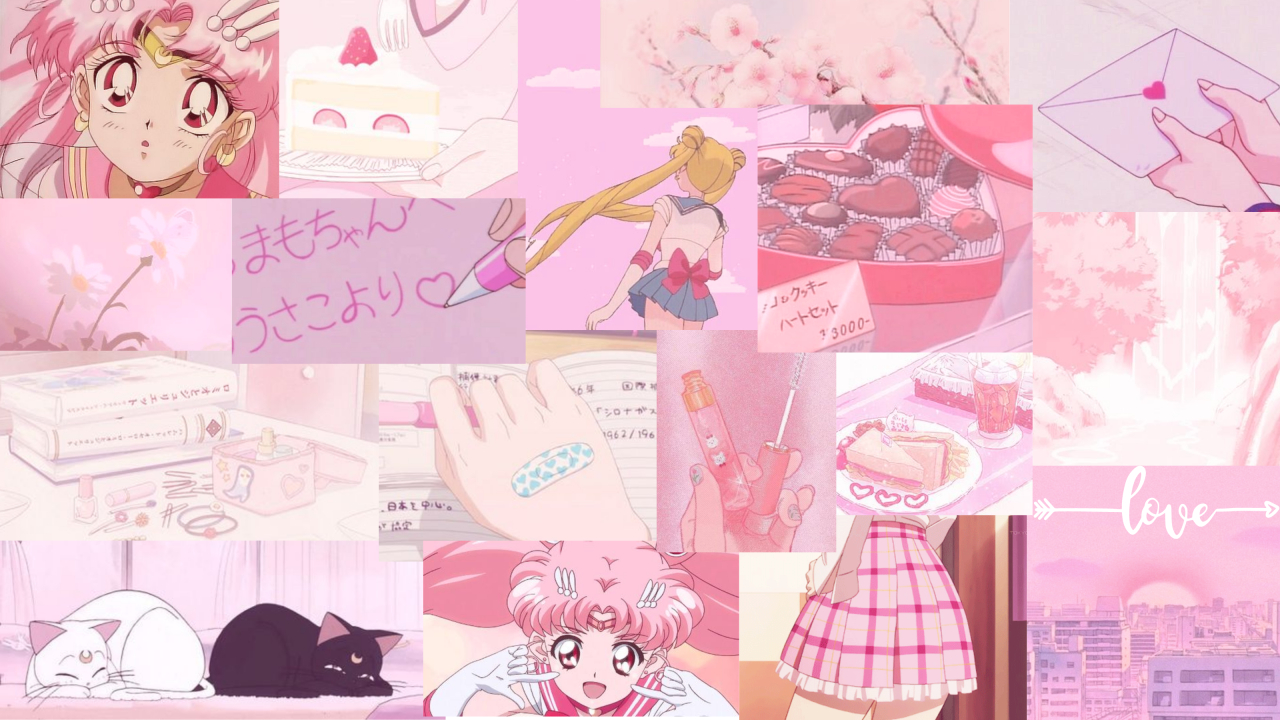 1280x720 Anime Collage Wallpaper Aesthetic Pink, Desktop