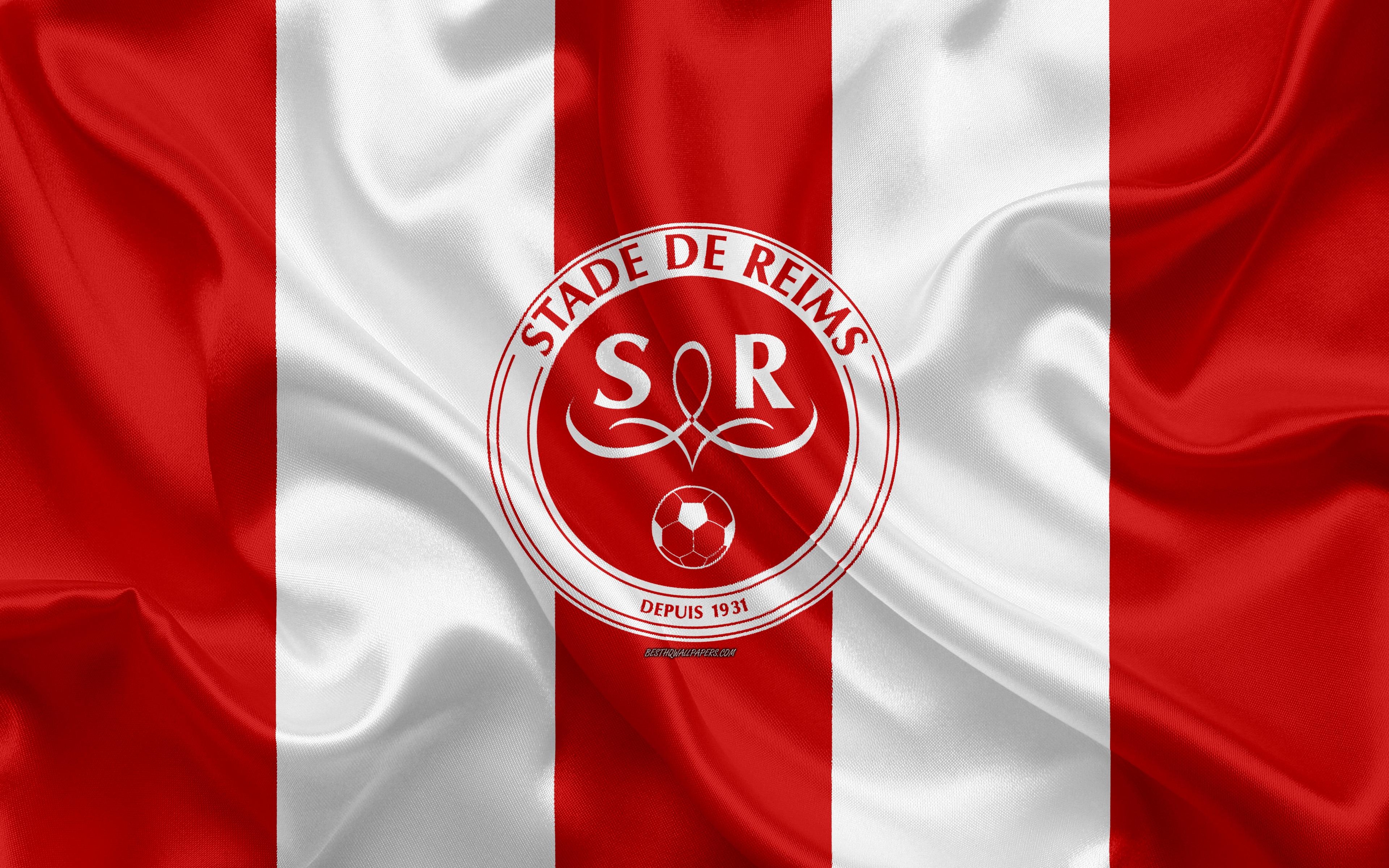 3840x2400 Download wallpaper Stade de Reims, 4k, silk texture, logo, red, Desktop