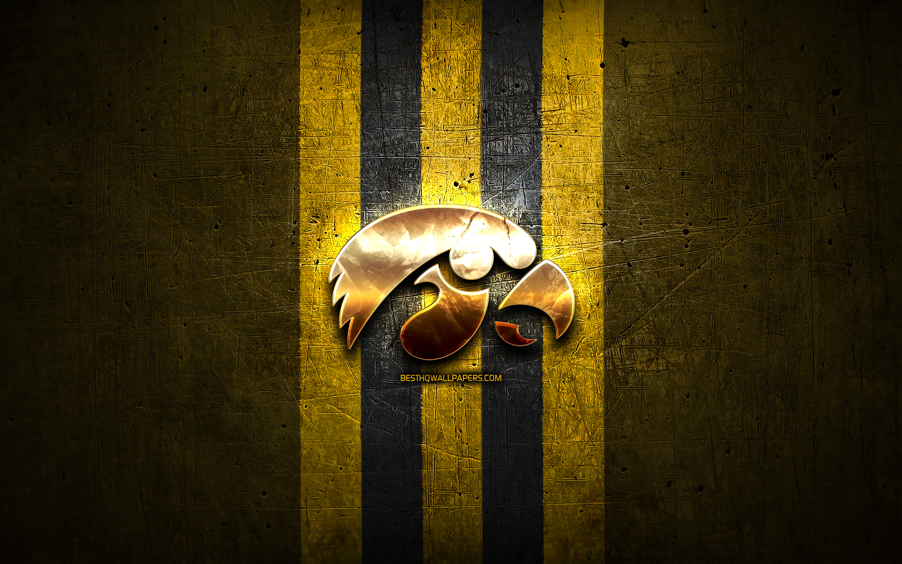 2880x1800 Download wallpaper Iowa Hawkeyes, golden logo, NCAA, yellow metal background, american football club, Iowa Hawkeyes logo, american football, USA for desktop with resolution. High Quality HD picture wallpaper, Desktop