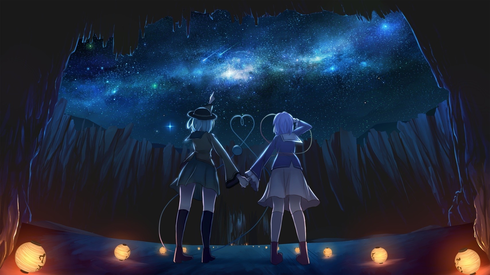 1710x960 Wallpaper, illustration, night, anime girls, Touhou, knee highs, holding hands, Komeiji Koishi, Endless Space, Komeiji Satori, midnight, screenshot, computer wallpaper, musical theatre, special effects  Wallpaper, Desktop