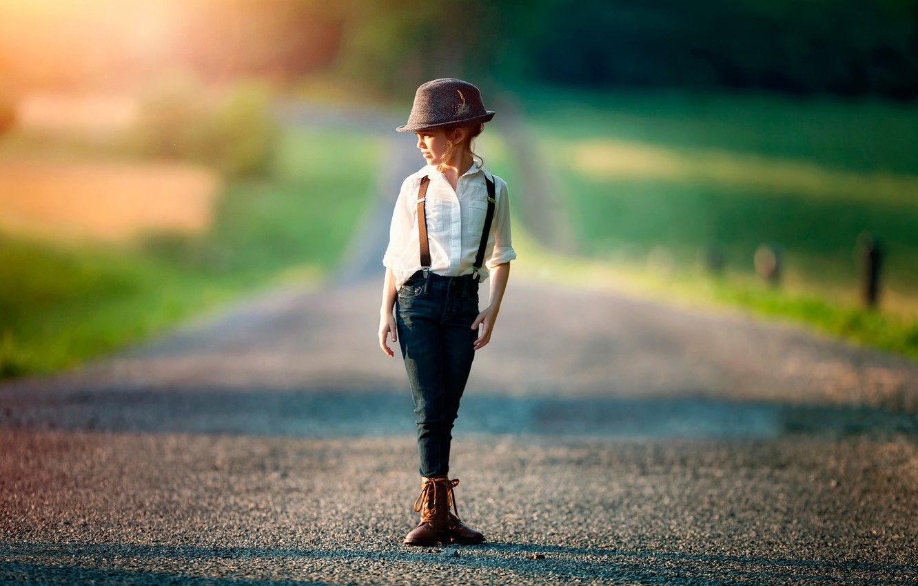 1340x850 Wallpaper road, girl, bokeh, Tomboy, child photography image for desktop, section стиль, Desktop