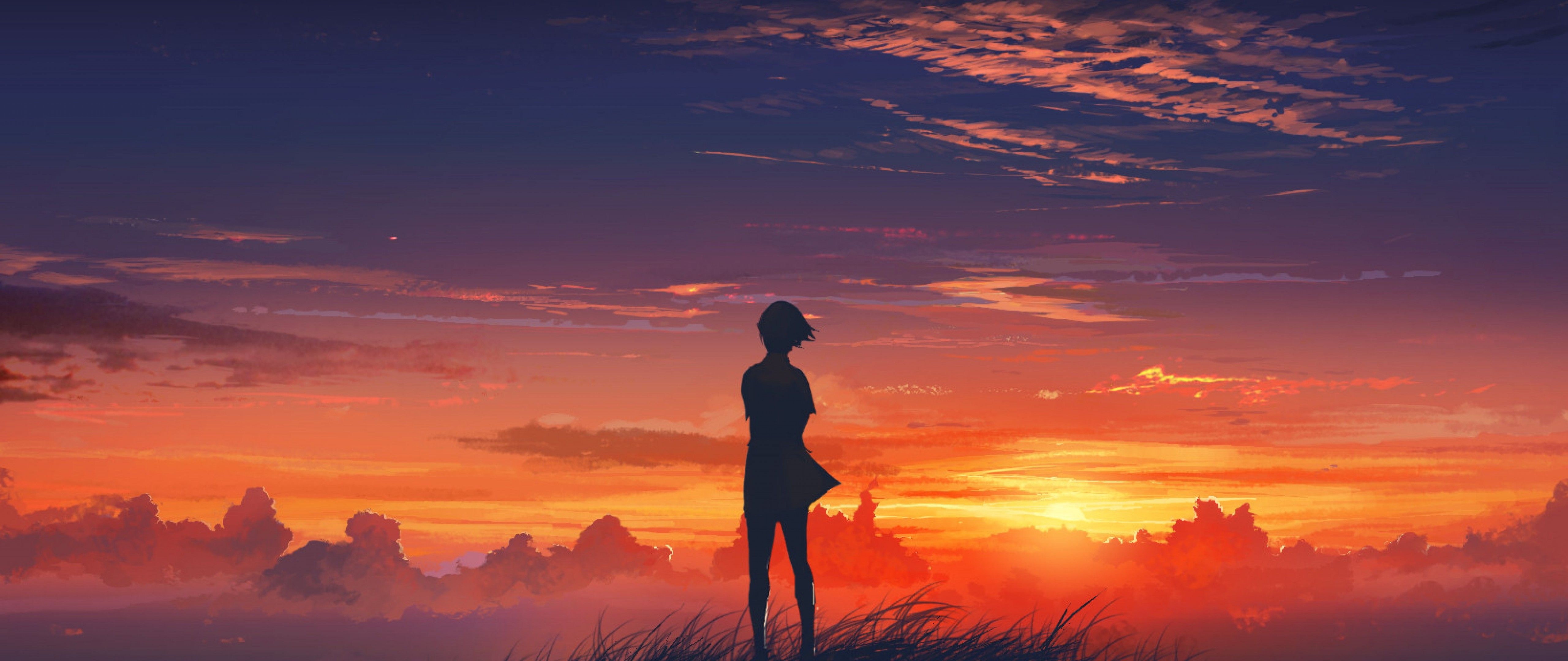 5120x2160 Sunset anime girl HD Wallpaper 4K Ultra HD Wide TV, Dual Screen