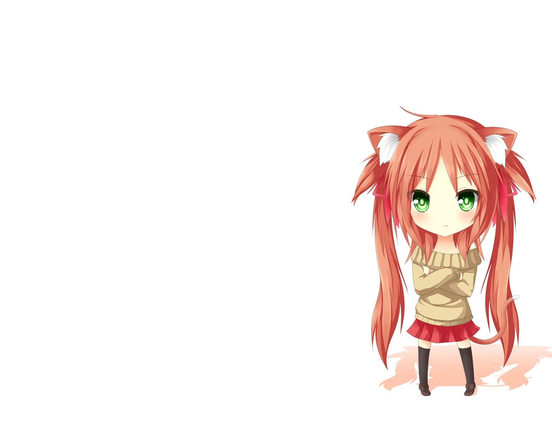 1920x1540 redheads, Chibi, Nekomimi, Green, Eyes, Anime, Simple, Desktop