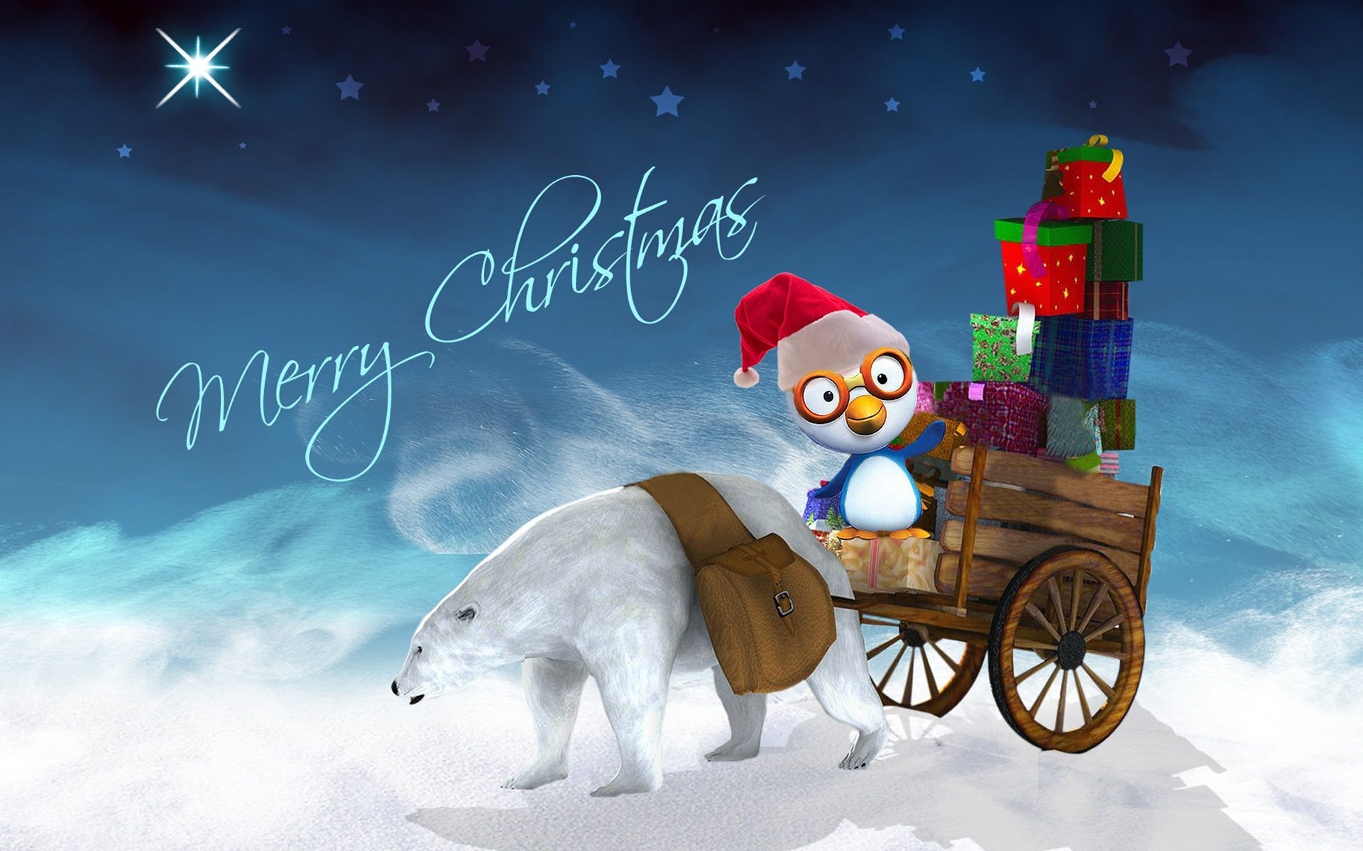 1920x1200 Happy Christmas Polar Bear Cart With Gifts Penguin Desktop HD Wallpaper , Wallpaper13.com, Desktop