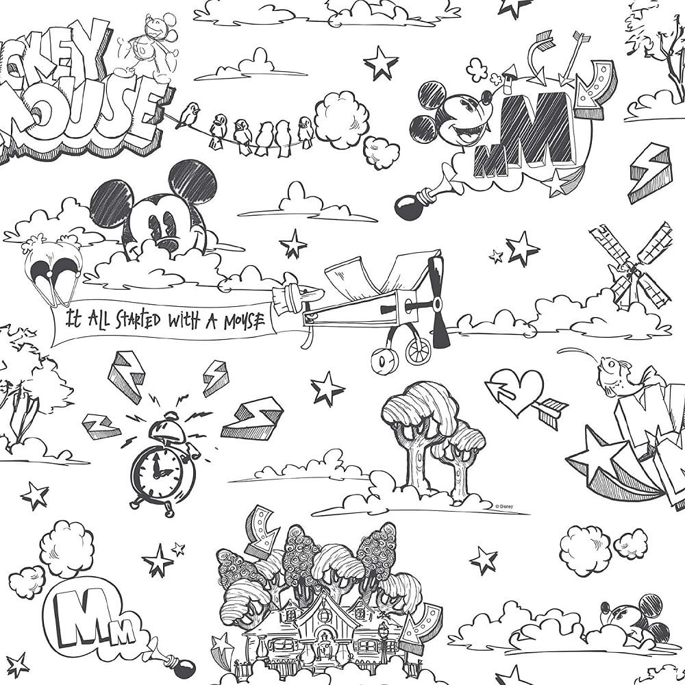 1000x1000 Mens Galerie Wallcoverings Galerie Official Disney Mickey Mouse Pattern Pencil Cartoon Children's Black White Wallpaper. SALE. Buy Online UK, Phone