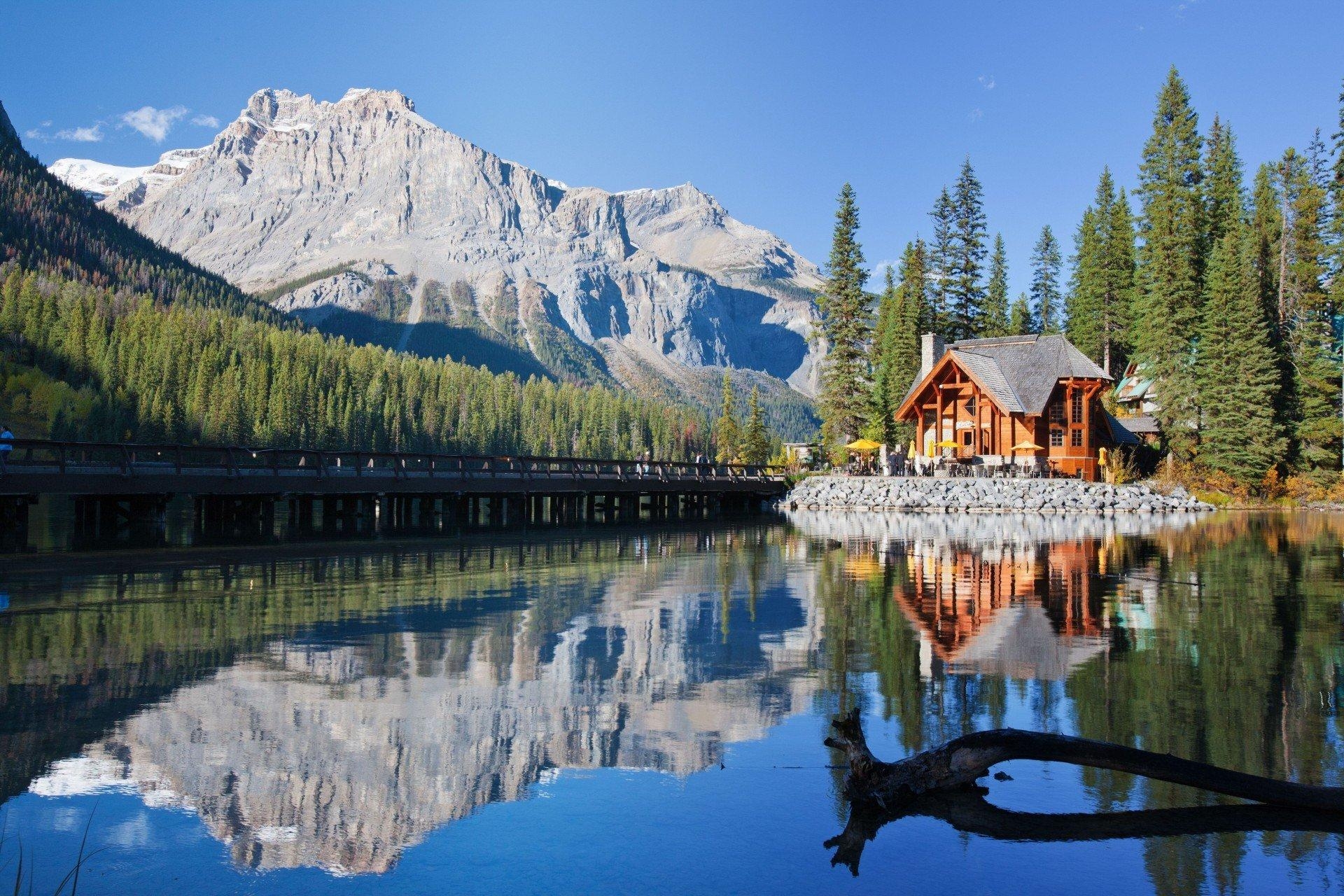 1920x1280 canadian rockies reflection lake bridge canada mountain british, Desktop