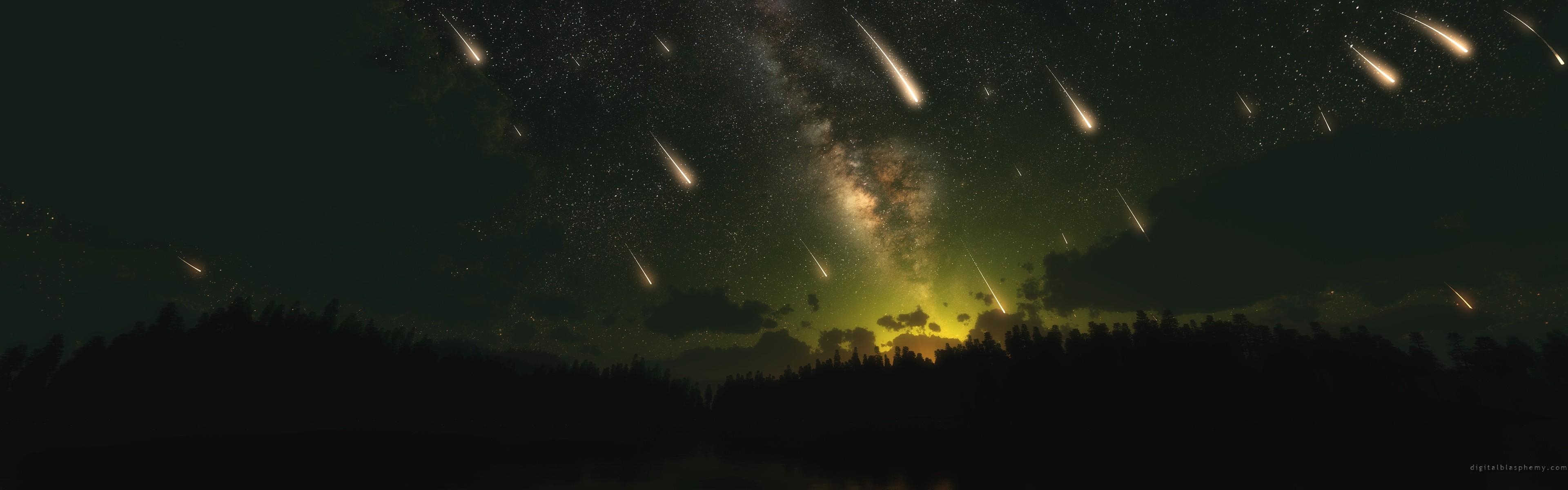 3840x1200 Meteors Dark Night, HD Digital Universe, 4k Wallpaper, Image, Dual Screen