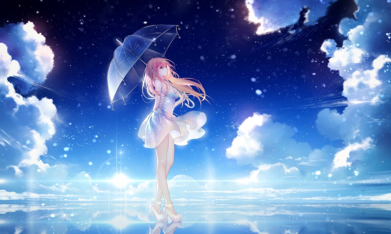 1280x770 Desktop Wallpaper Anime young woman Legs parasol Clouds frock, Desktop