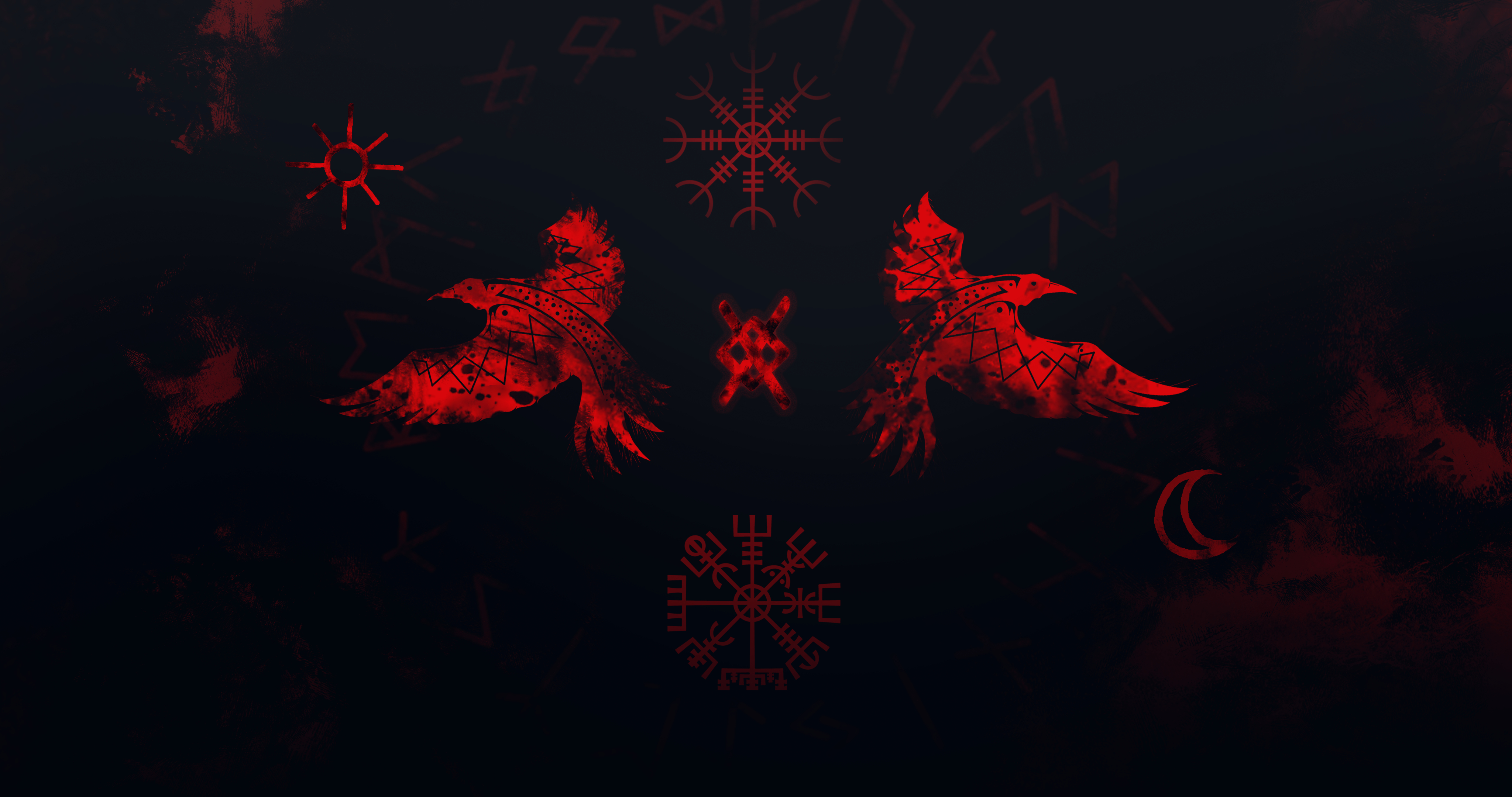 4100x2160 Wallpaper / Huginn, Muninn, Vikings, runes, raven, red, Odin free download, Desktop