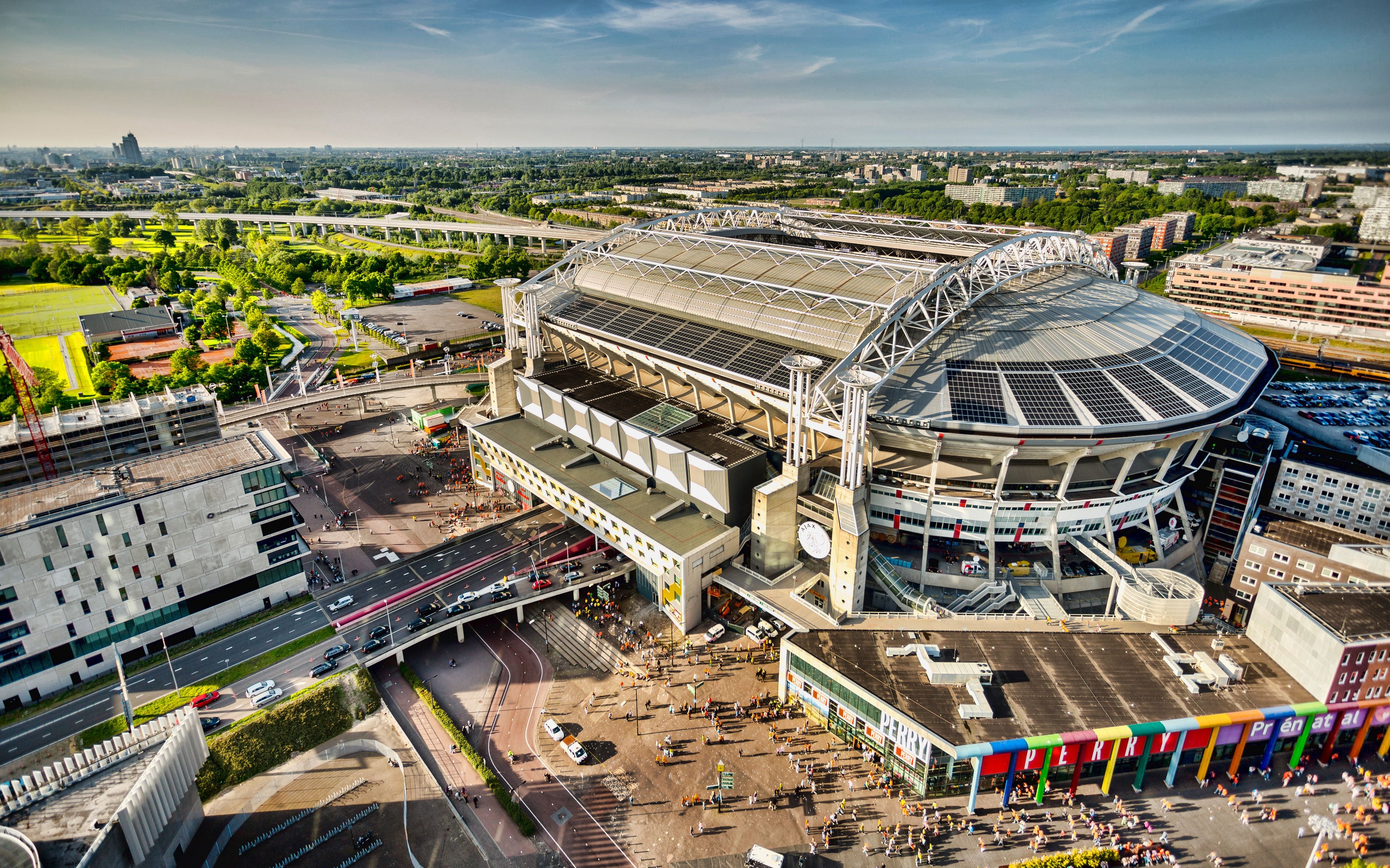 3840x2400 Download wallpaper 4k, Amsterdam Arena, aerial view, Johan Cruijff Arena, Ajax stadium, soccer, Amsterdam, football stadium, Ajax FC for desktop with resolution. High Quality HD picture wallpaper, Desktop