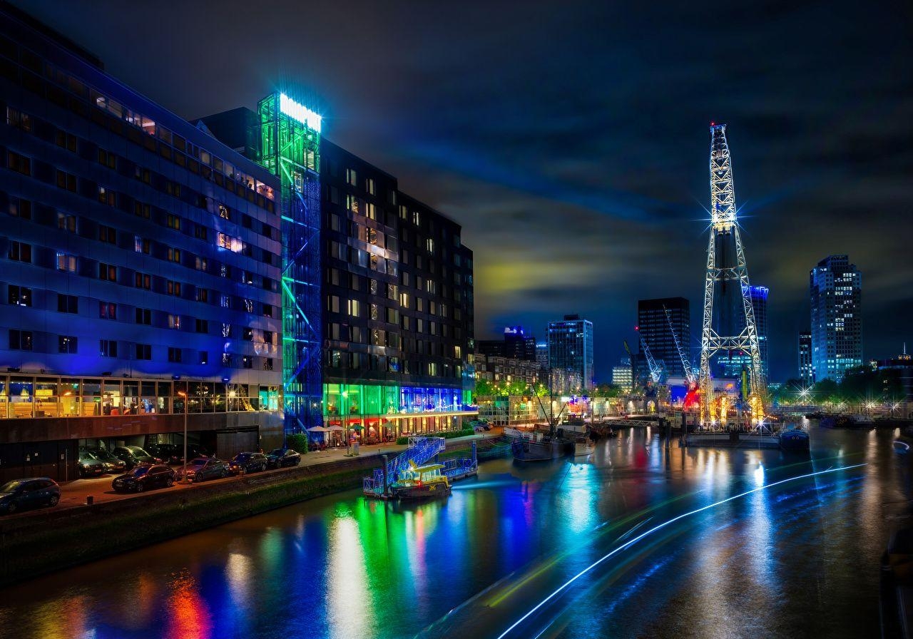 1280x900 Wallpaper Rotterdam Netherlands Pier Rivers night time Cities, Desktop