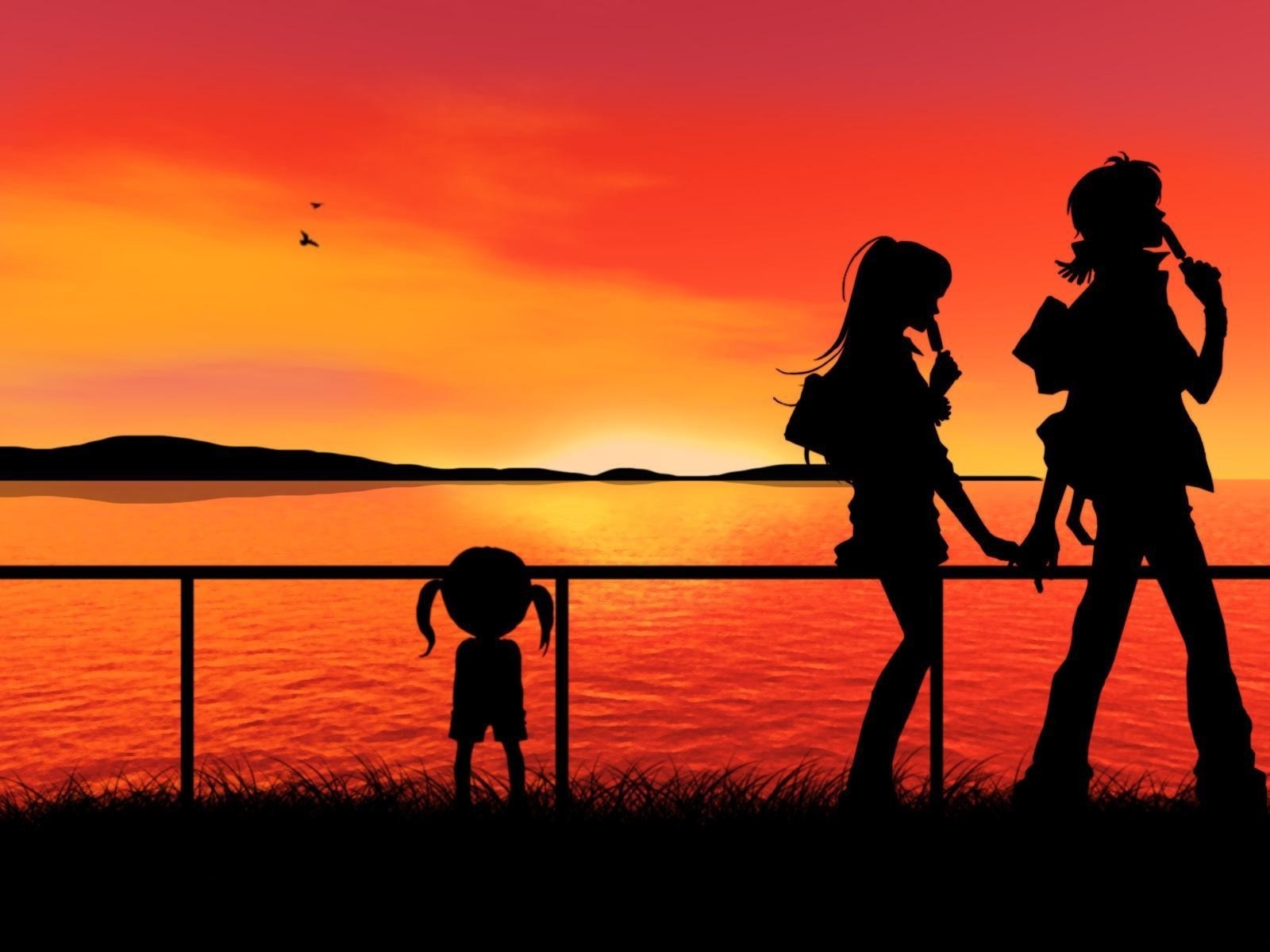 1600x1200 anime, Sunset, Silhouette, Holding hands Wallpaper HD / Desktop and Mobile Background, Desktop