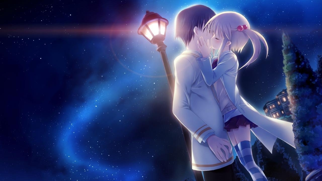 1280x720 Download wallpaper  boy, girl, kiss, night, lights, Desktop