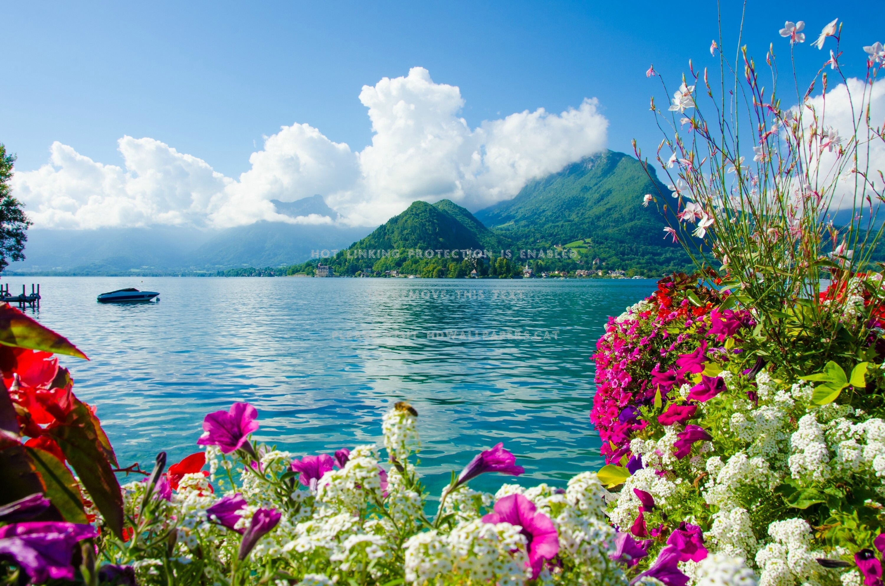 3000x1990 lake annecy france boat clouds flowers pier, Desktop