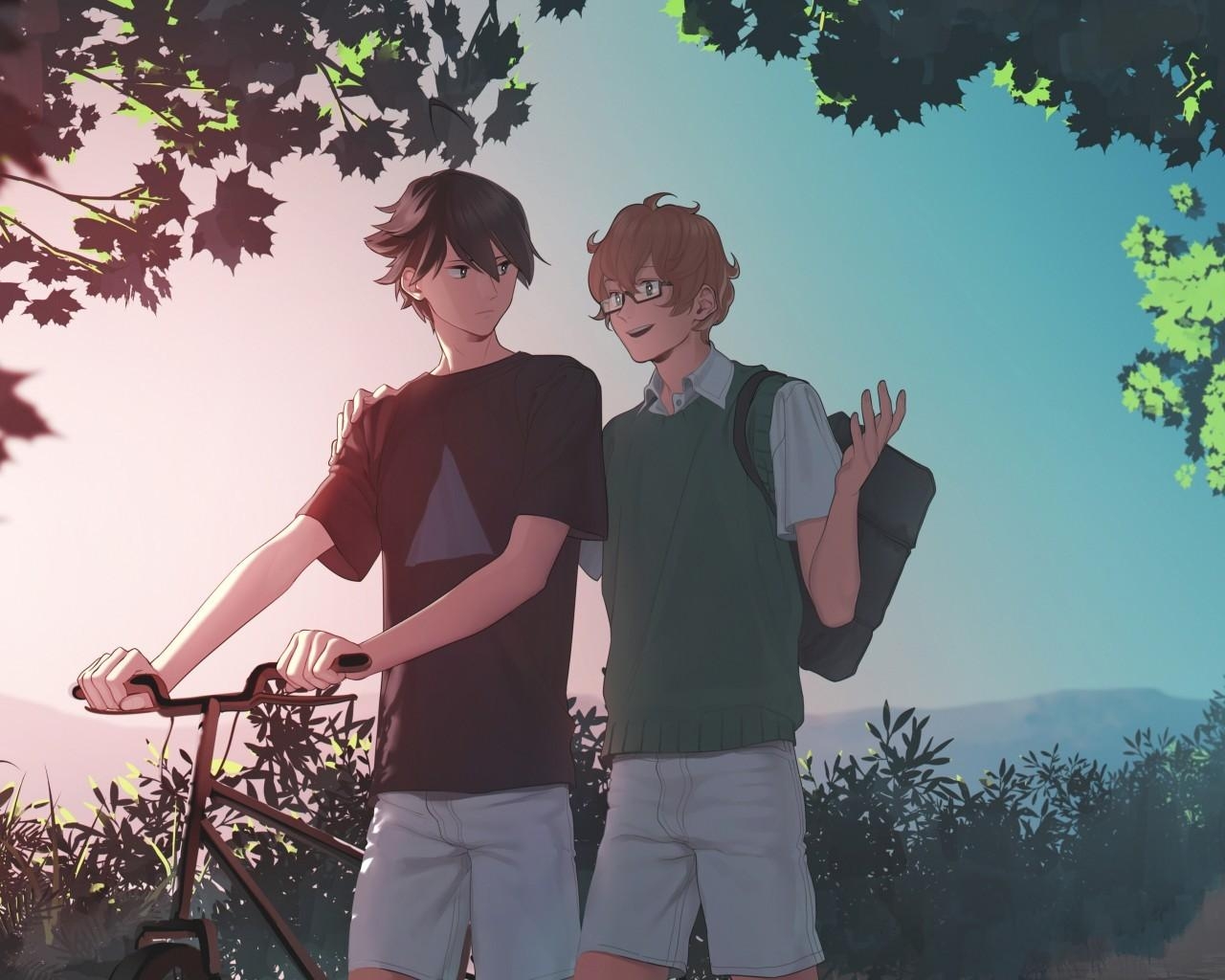 1280x1030 Download  Anime Boys, Friends, Bicycle, Walking, Desktop