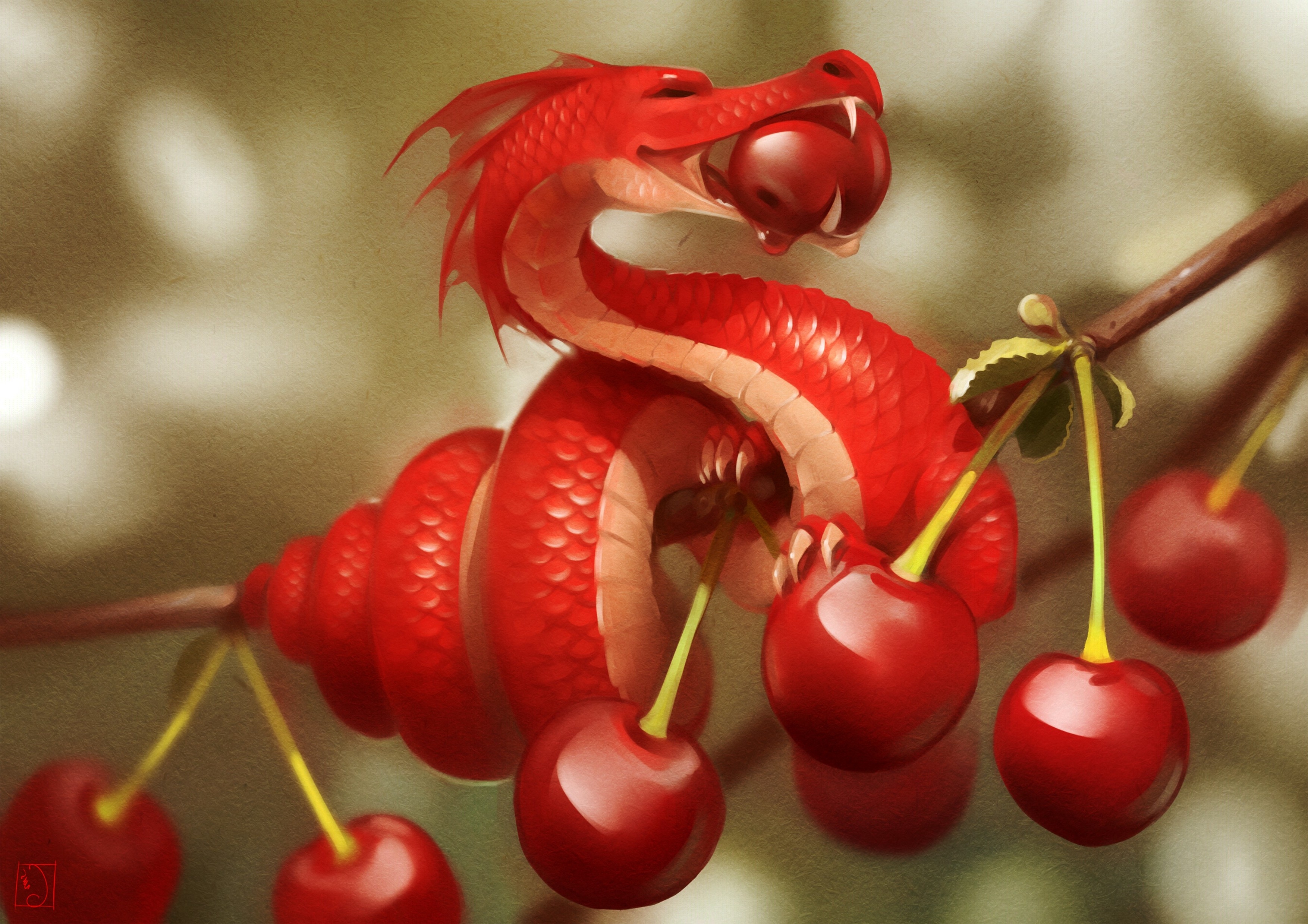 3510x2480 Nature, Trees, Digital Art, Fruit, Cherries, Dragon, Desktop