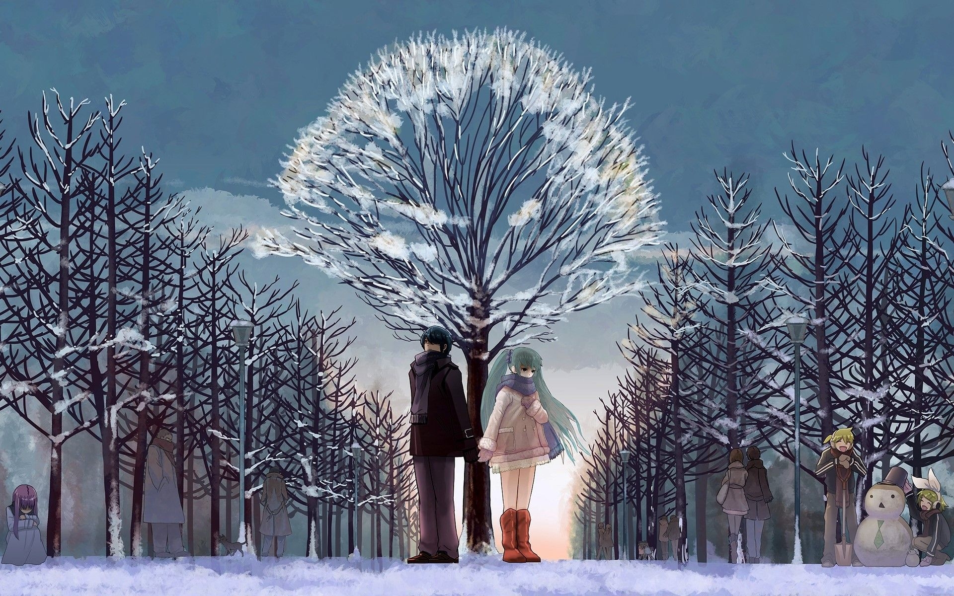 1920x1200 Anime, Couple, Love, Walk, Woods, Winter, Snow wallpaper, Desktop