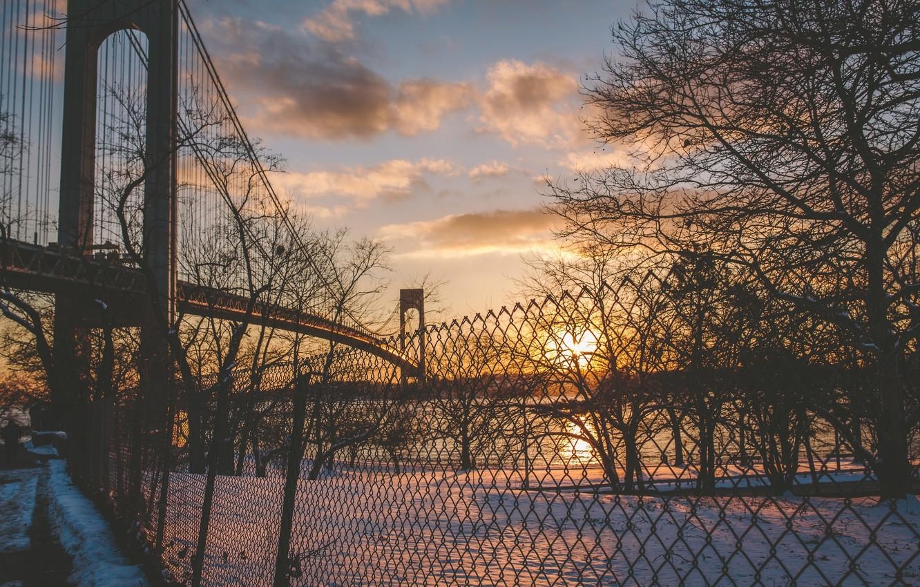 1340x850 Wallpaper winter, the sun, clouds, snow, sunset, river, the fence, Desktop