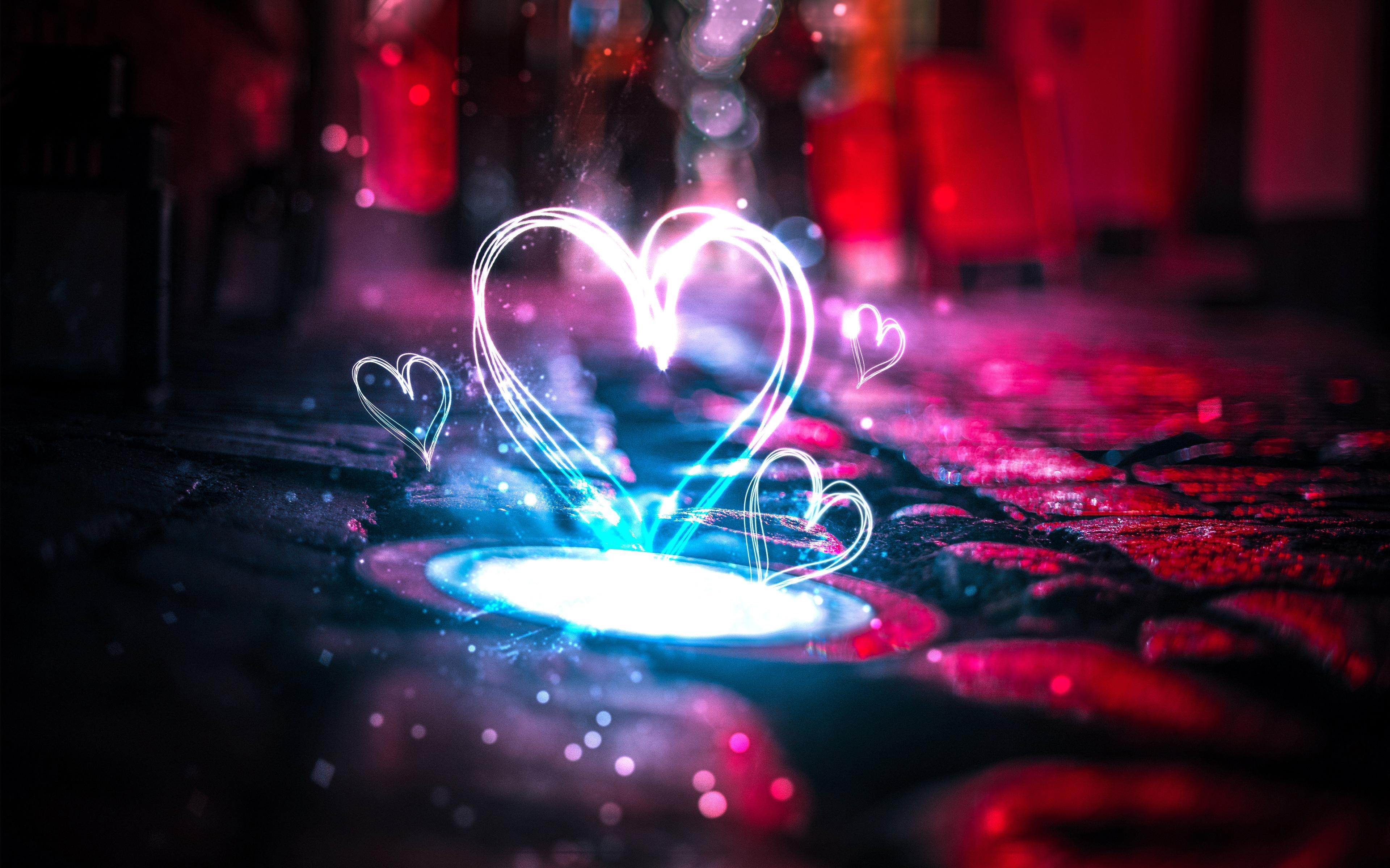 3840x2400 Neon Love Hearts 4K Wallpaper, Desktop