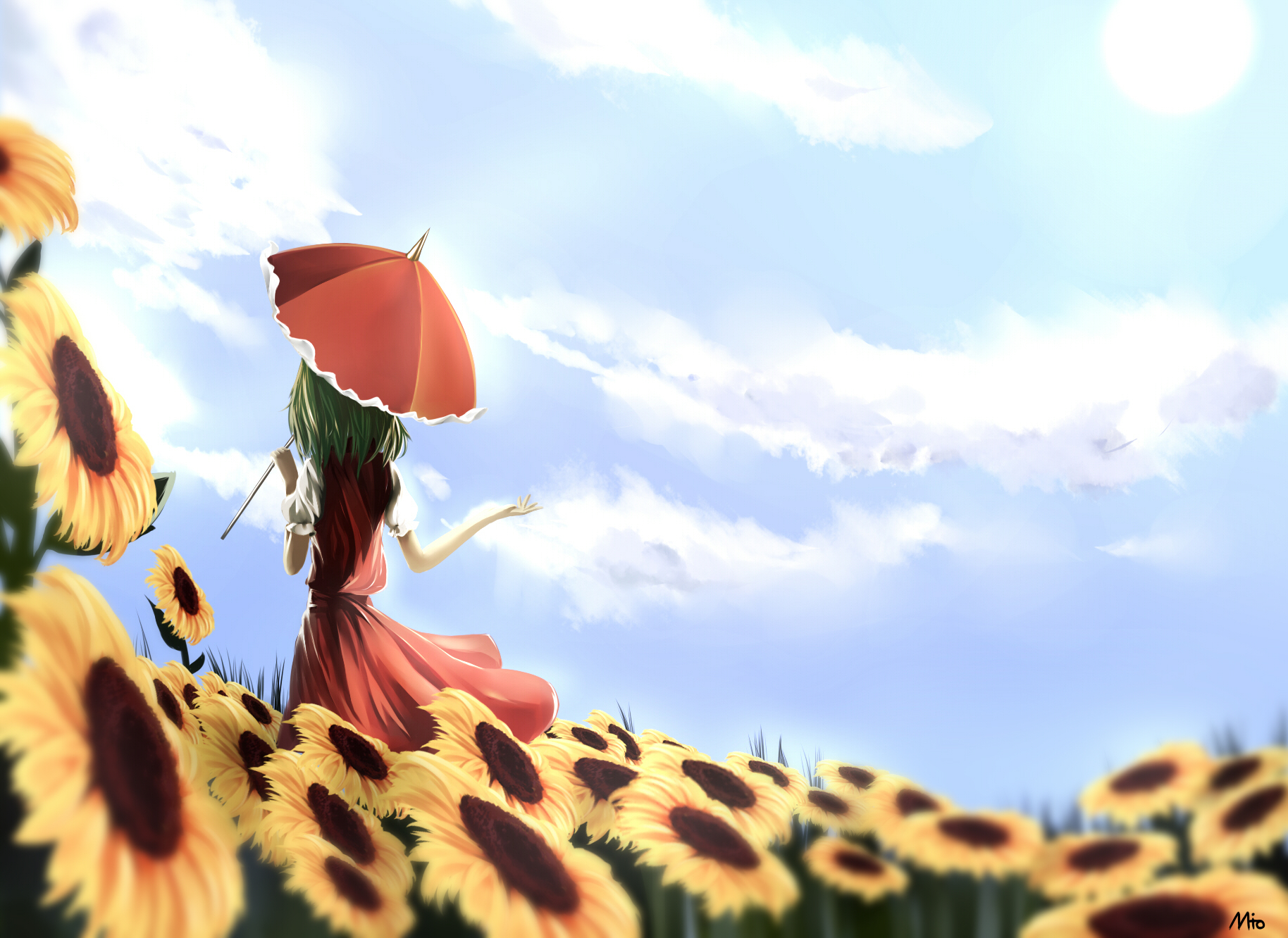 1830x1340 Touhou clouds flowers grass green hair kazami yuuka mito short hair, Desktop