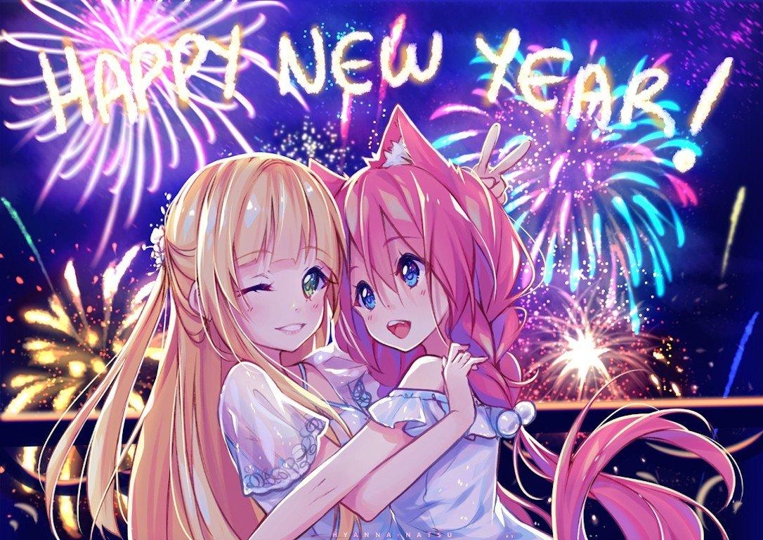 1090x770 blonde, Pink hair, Happy new year, New Year, Fireworks, Anime, Desktop