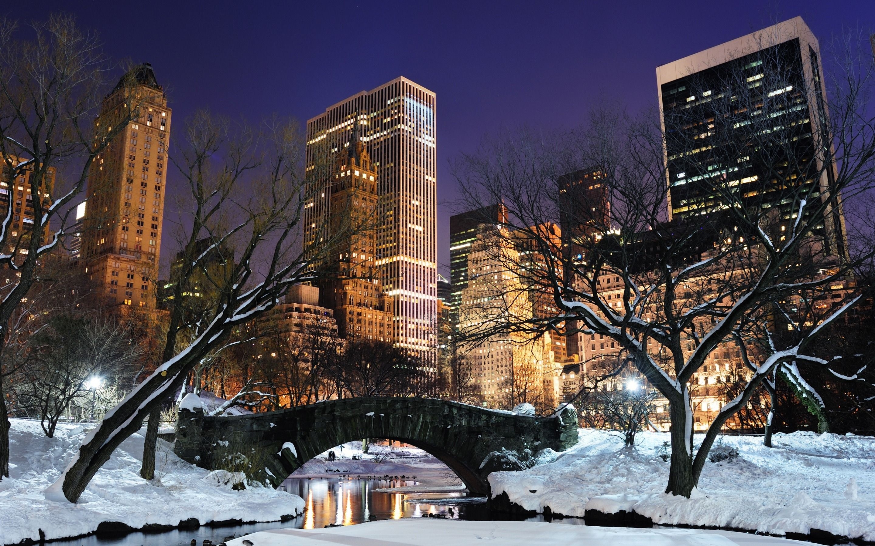 2880x1800 Wallpaper USA, New York, central park, city, bridge, winter, snow, Desktop