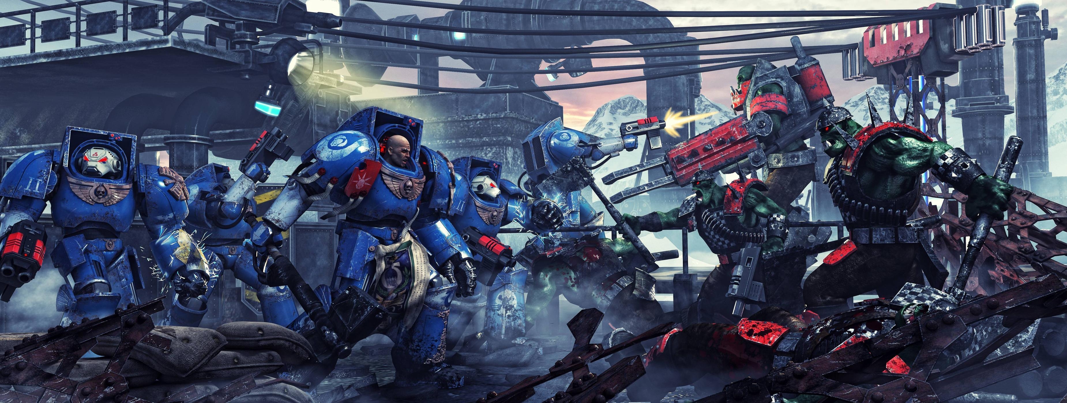 3700x1400 Download wallpaper Ultramarines, Orcs, Space Marines, armor free, Dual Screen