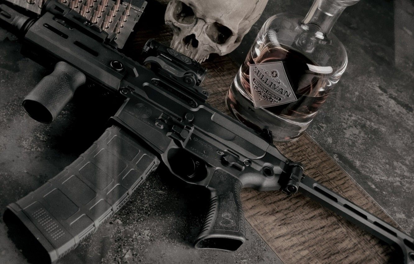 1340x850 Wallpaper weapons, skull, bottle, sake, rifle, weapon, custom, M16, Desktop