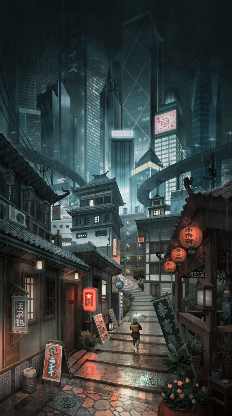 750x1340 cityscape, Artwork, Skyscraper, Digital art, Alleyway, City, Japan Wallpaper HD / Desktop and Mobile Background, Phone