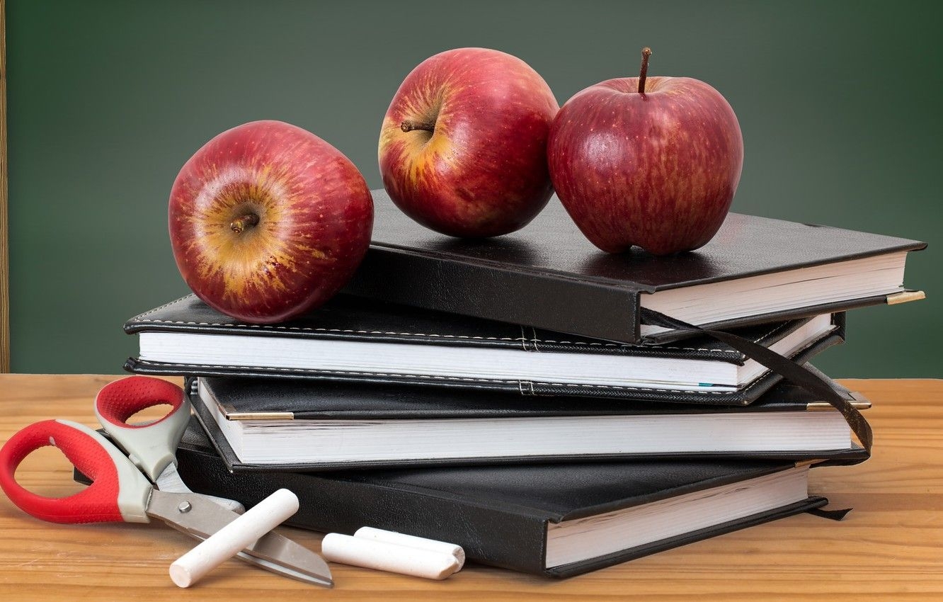 1340x850 Wallpaper green, table, background, apples, study, books, food, Desktop