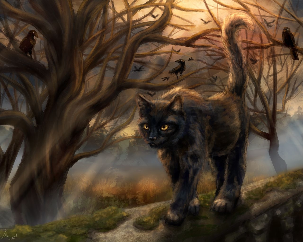 1280x1030 Download wallpaper  cat, fairy tale, pet, tree, art standard 5:4 HD background, Desktop