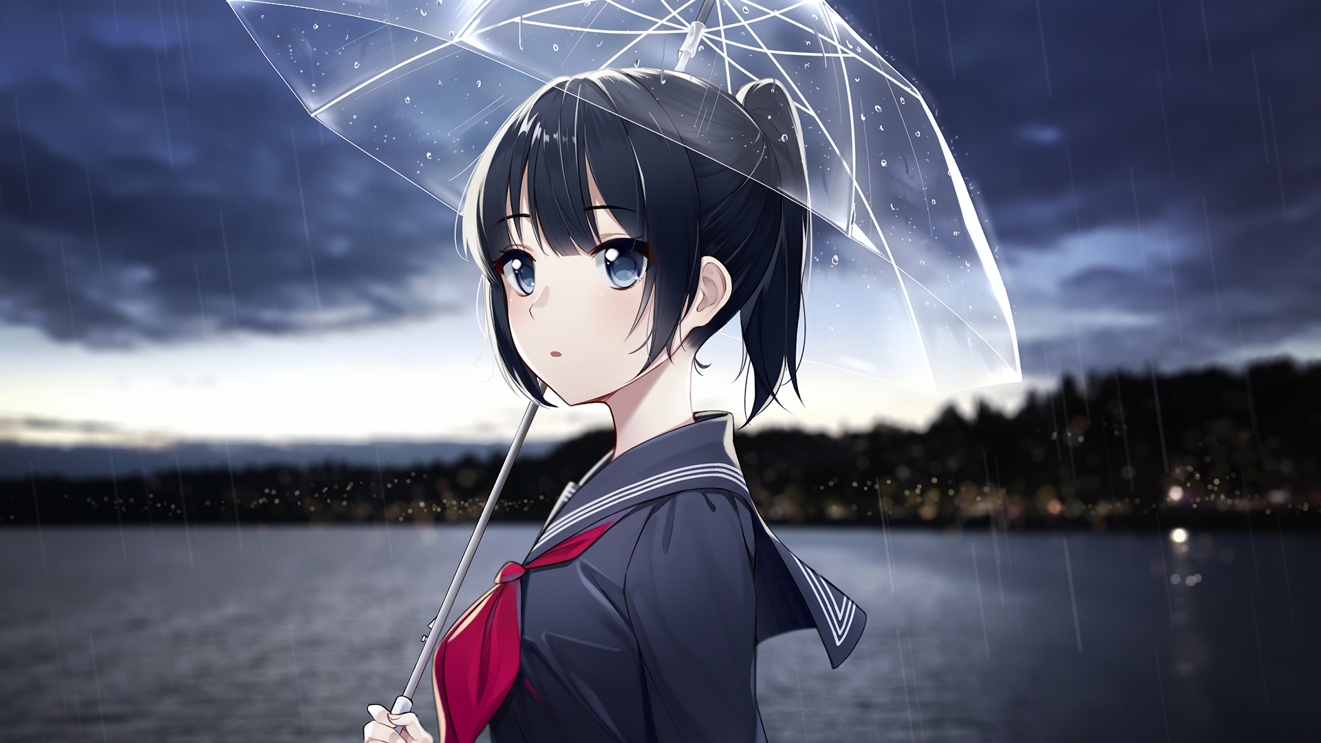 1920x1080 Wallpaper / umbrella, rain, black hair, anime girls, anime, Desktop