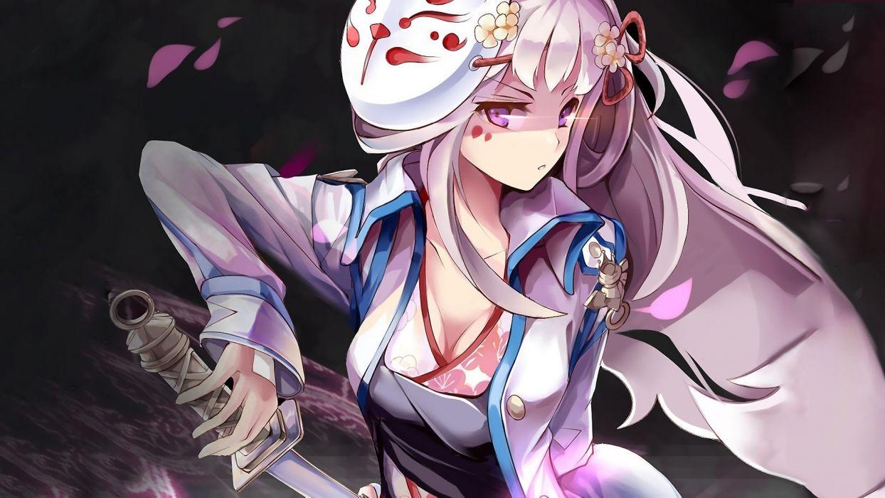 1250x700 Anime girl with blonde hair purple eyes with mask kimono and sword, Desktop