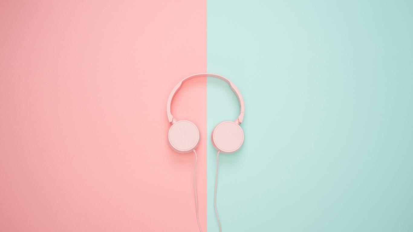 1370x770 Download wallpaper  headphones, minimalism, pink, Desktop