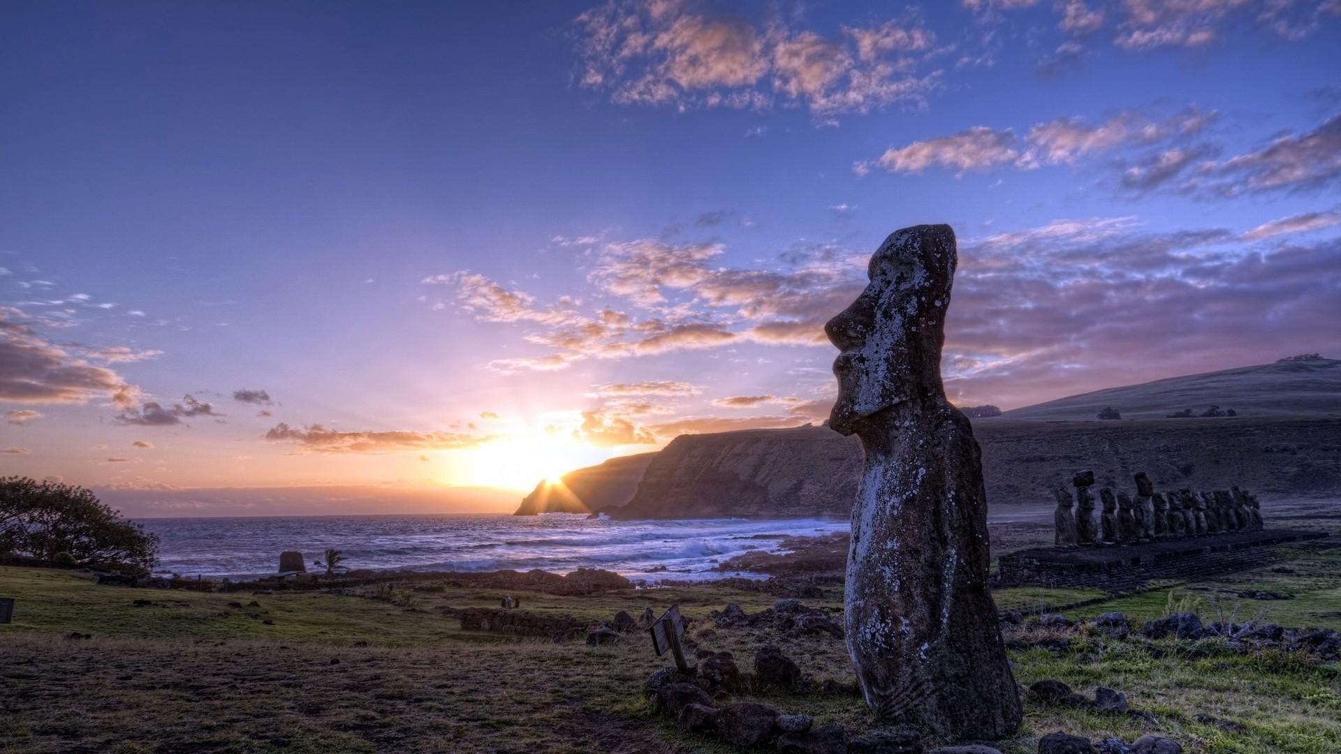 1920x1080 nature sunset landscape statue moai easter island wallpaper, Desktop