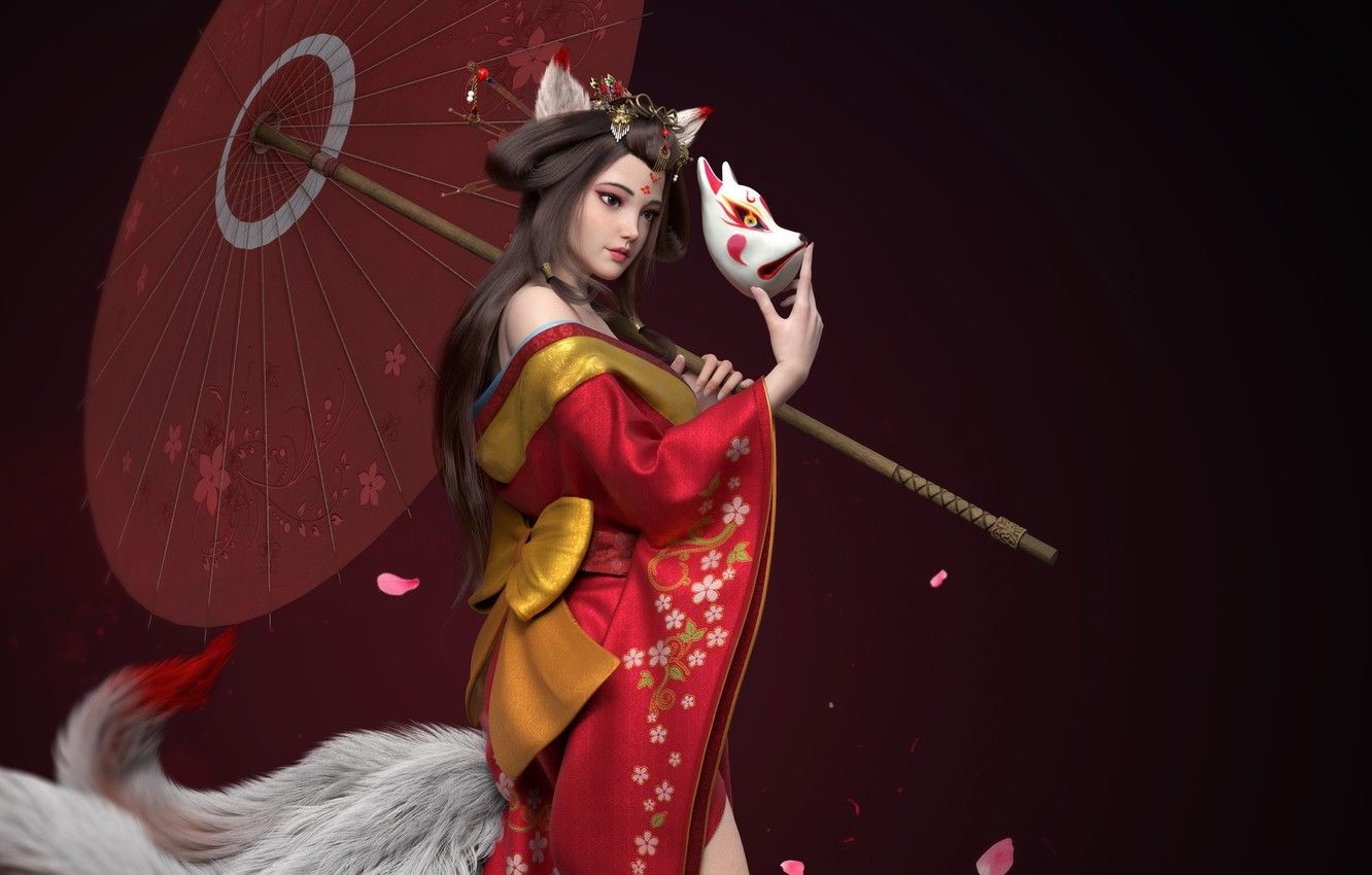 1340x850 Wallpaper the dark background, umbrella, mask, geisha, tail, Desktop