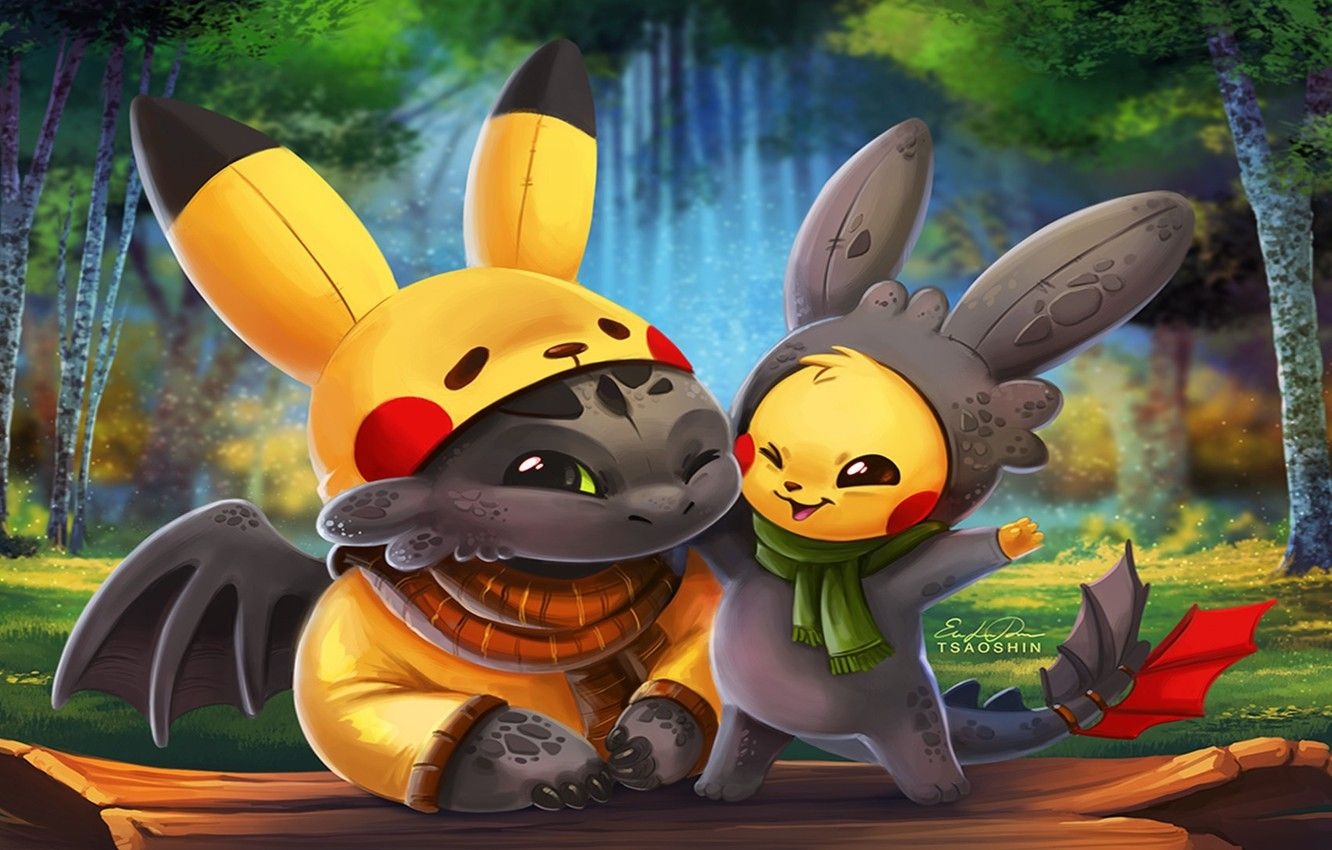 1340x850 Wallpaper Kawaii Game Anime Cartoon Crossover Cosplay Pikachu And Toothless, Desktop